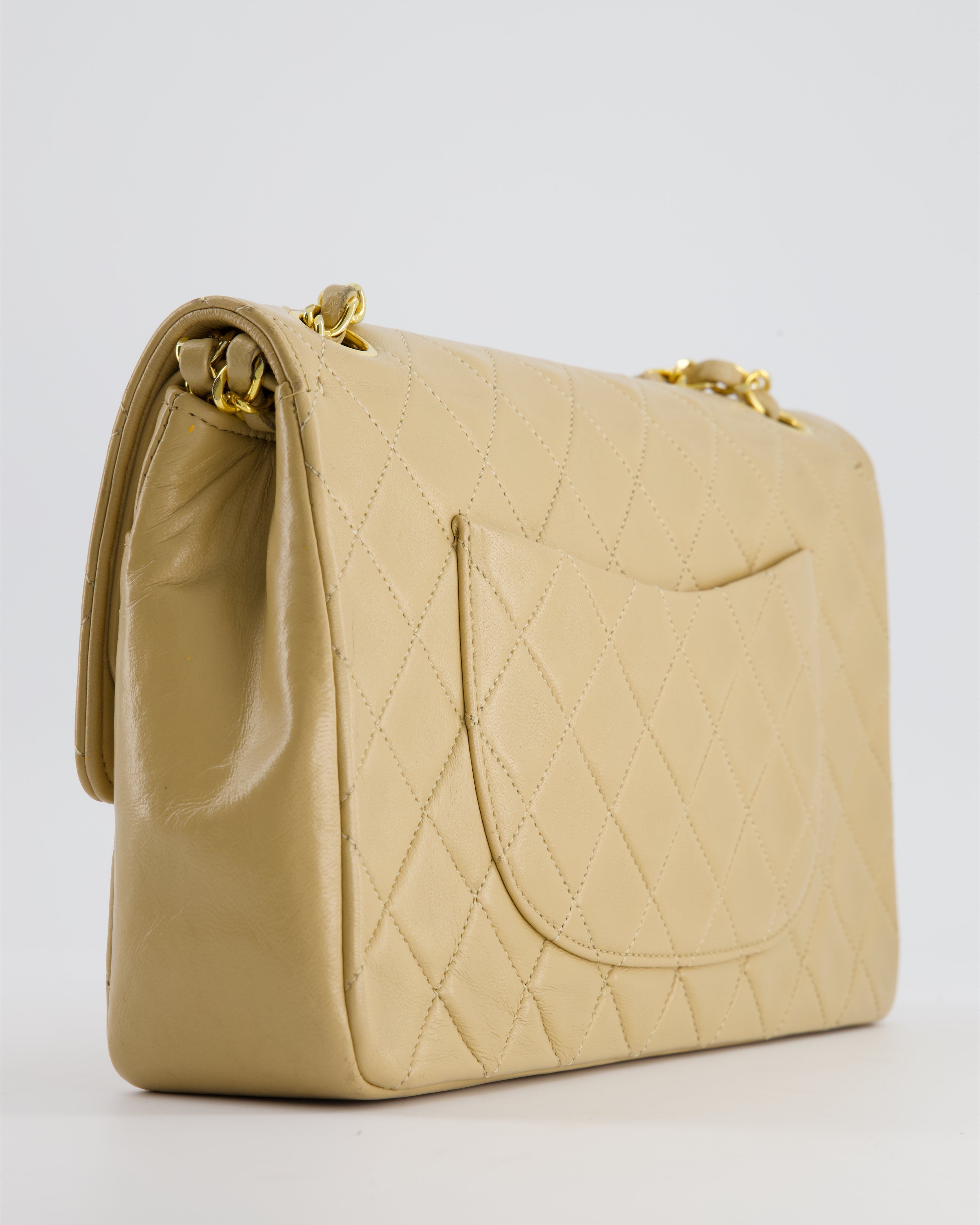 Chanel Beige Vintage Classic Medium Double Flap Bag in Lambskin Leather with 24K Gold Hardware and Stitched Edge