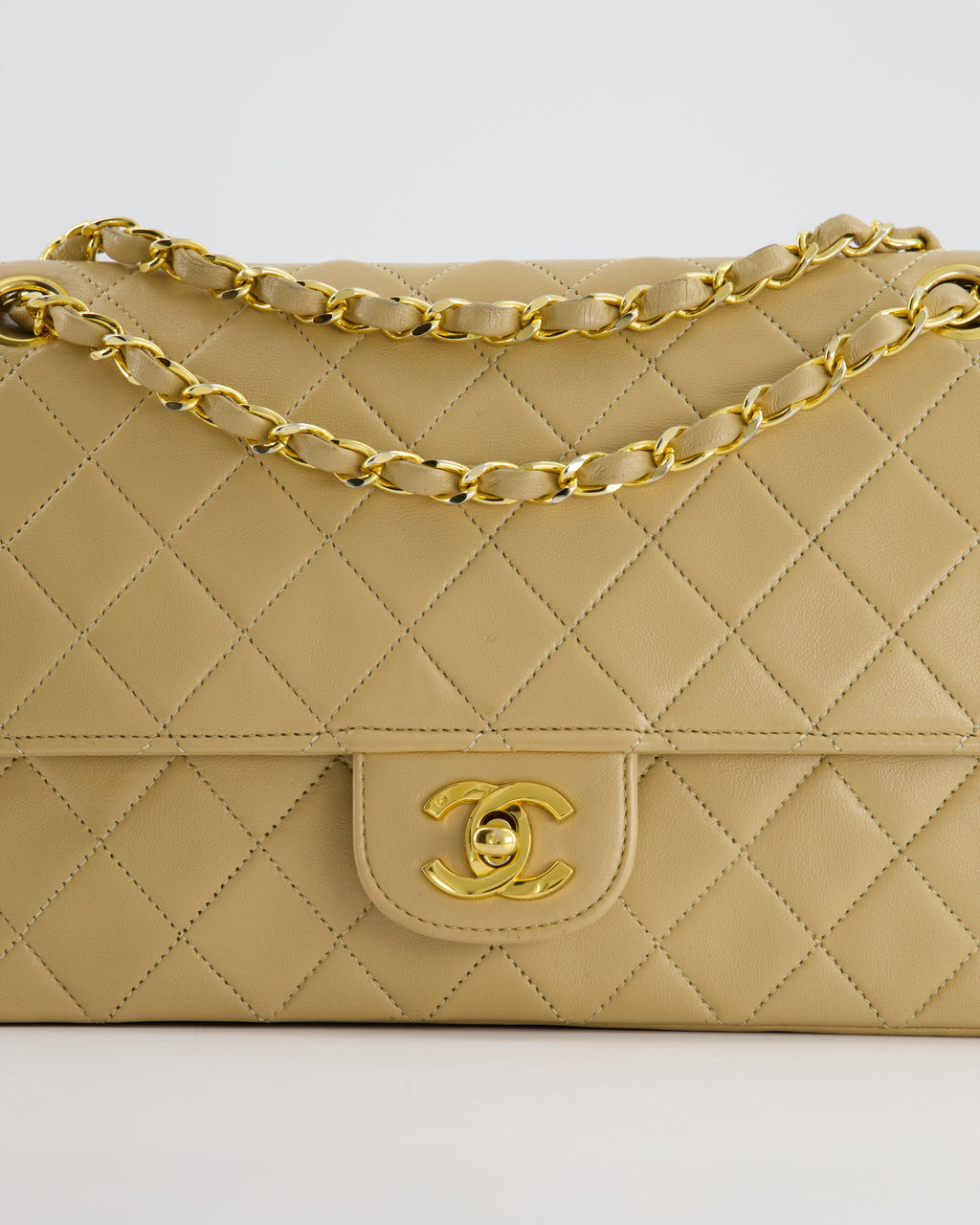 Chanel Beige Vintage Classic Medium Double Flap Bag in Lambskin Leather with 24K Gold Hardware and Stitched Edge
