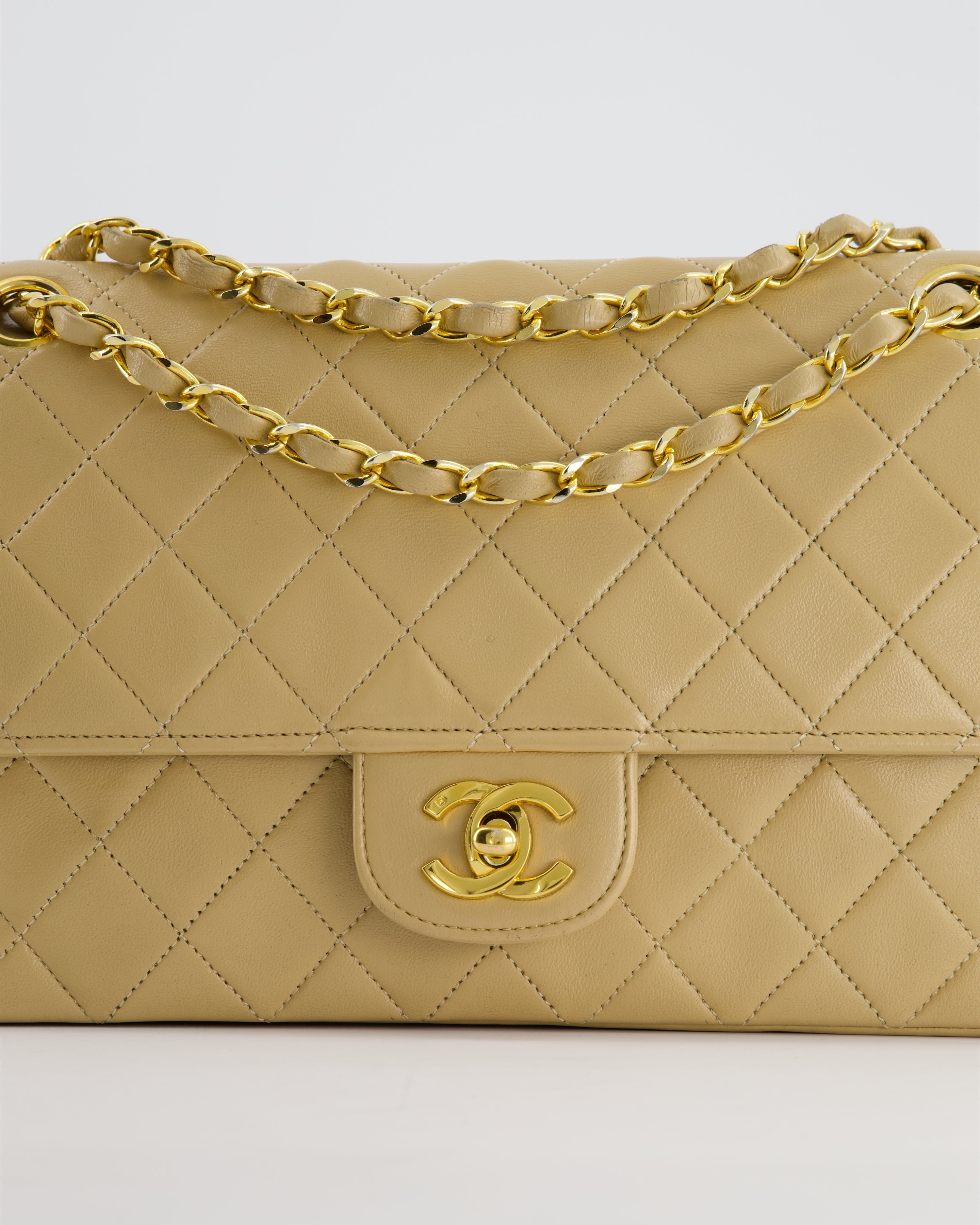 Chanel Beige Vintage Classic Medium Double Flap Bag in Lambskin Leather with 24K Gold Hardware and Stitched Edge
