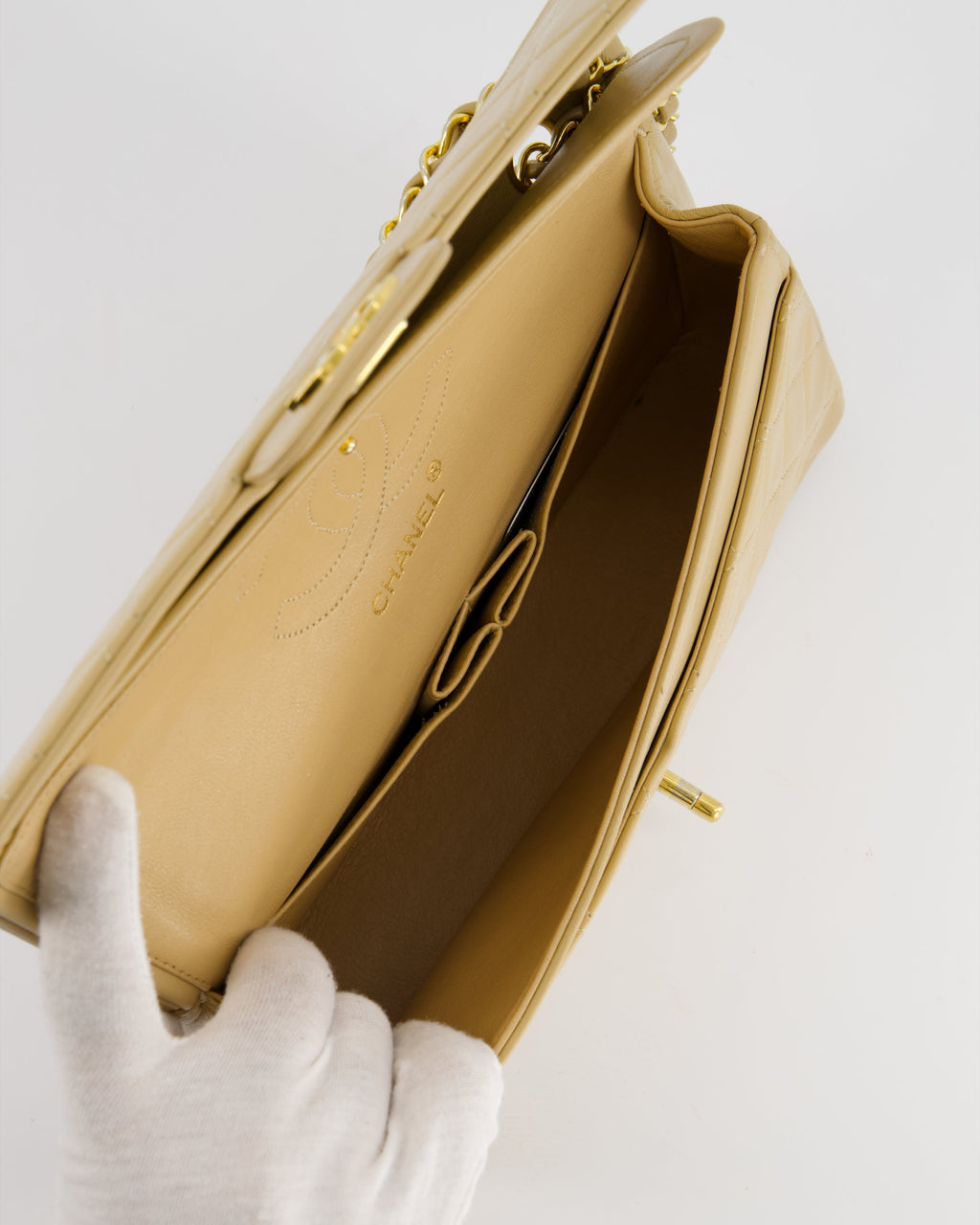Chanel Beige Vintage Classic Medium Double Flap Bag in Lambskin Leather with 24K Gold Hardware and Stitched Edge
