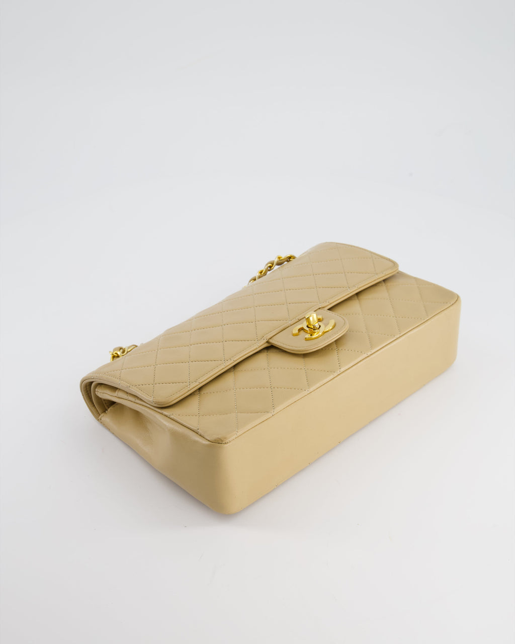 Chanel Beige Vintage Classic Medium Double Flap Bag in Lambskin Leather with 24K Gold Hardware and Stitched Edge