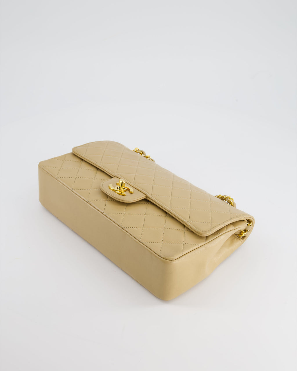 Chanel Beige Vintage Classic Medium Double Flap Bag in Lambskin Leather with 24K Gold Hardware and Stitched Edge