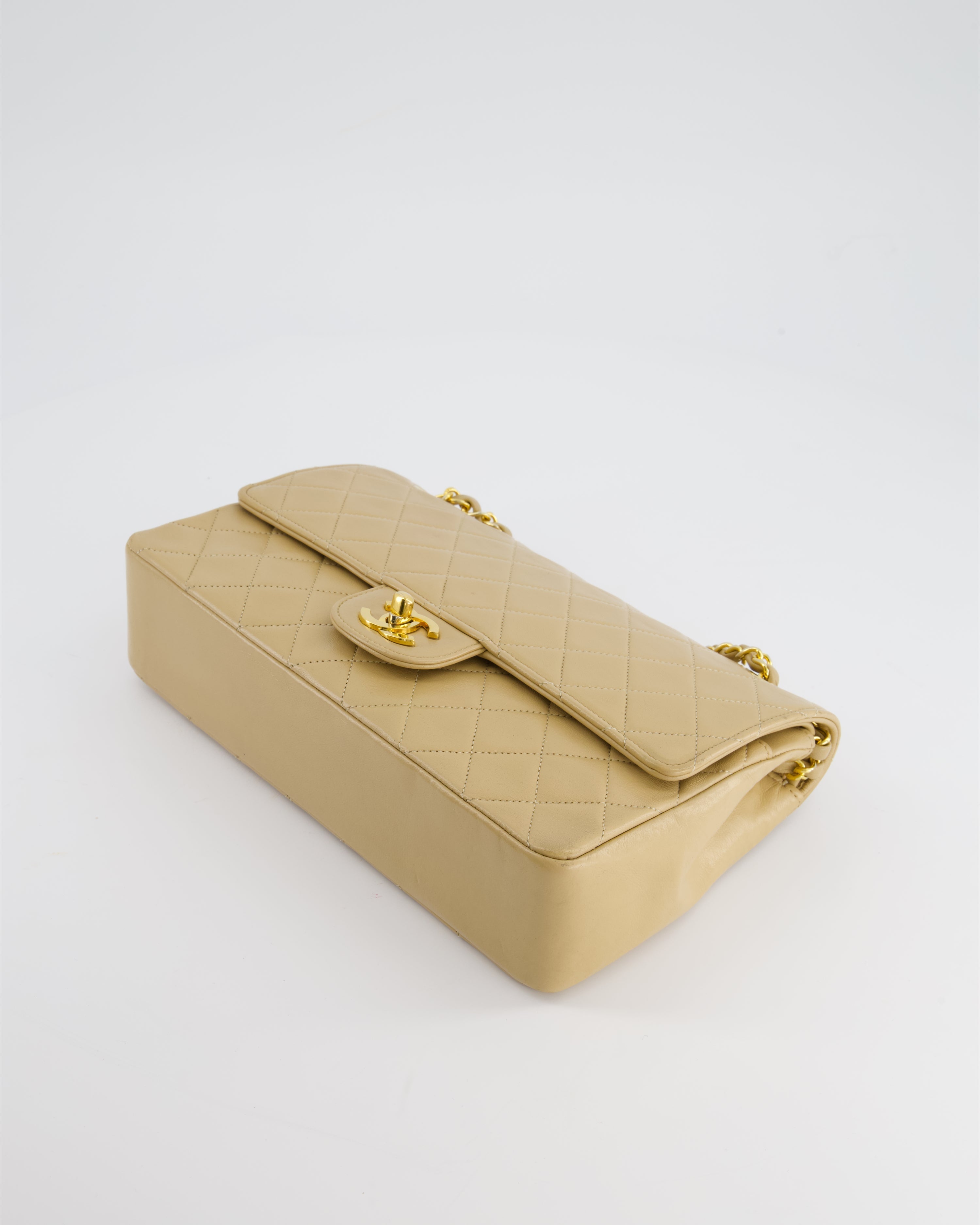 Chanel Beige Vintage Classic Medium Double Flap Bag in Lambskin Leather with 24K Gold Hardware and Stitched Edge