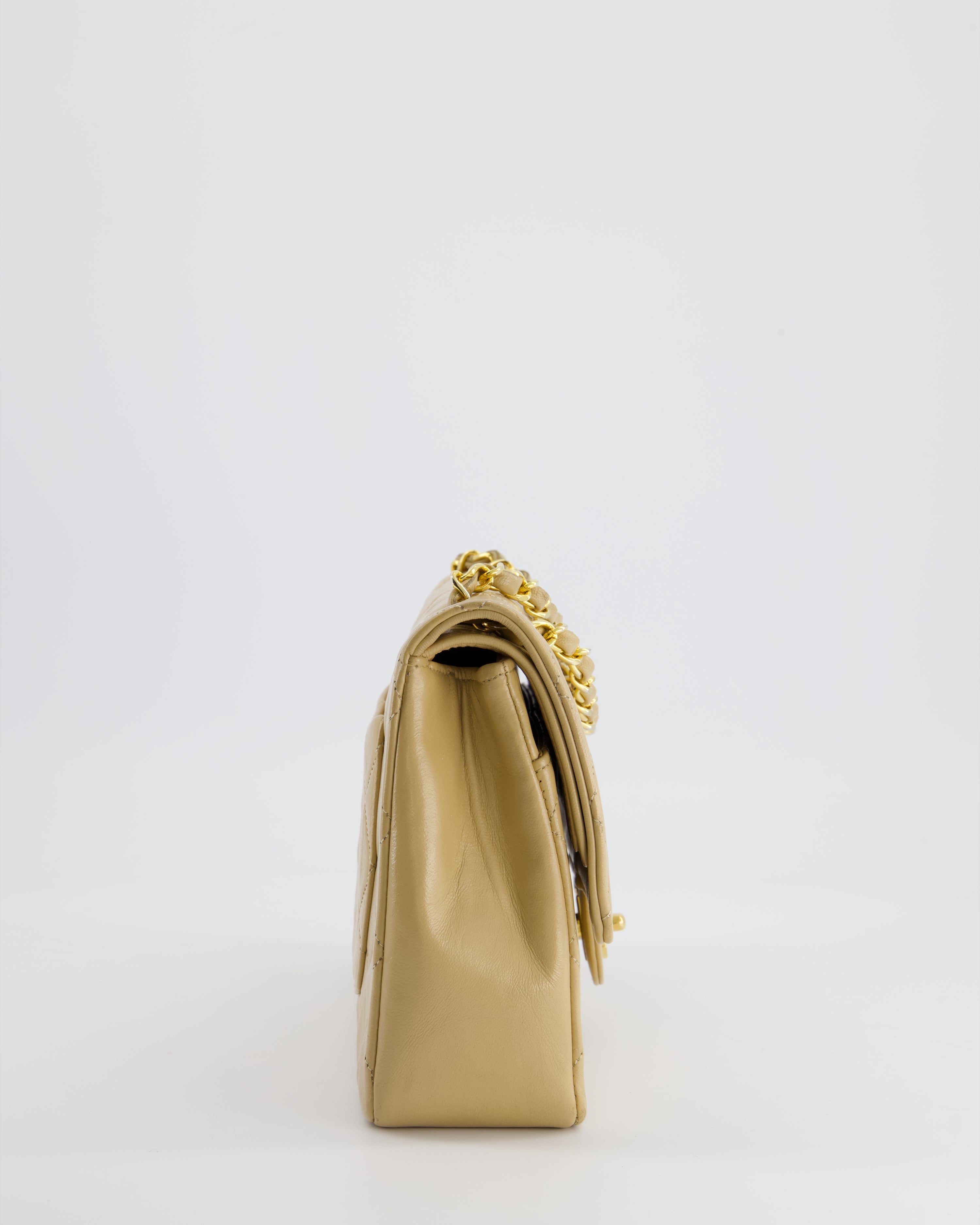 Chanel Beige Vintage Classic Medium Double Flap Bag in Lambskin Leather with 24K Gold Hardware and Stitched Edge