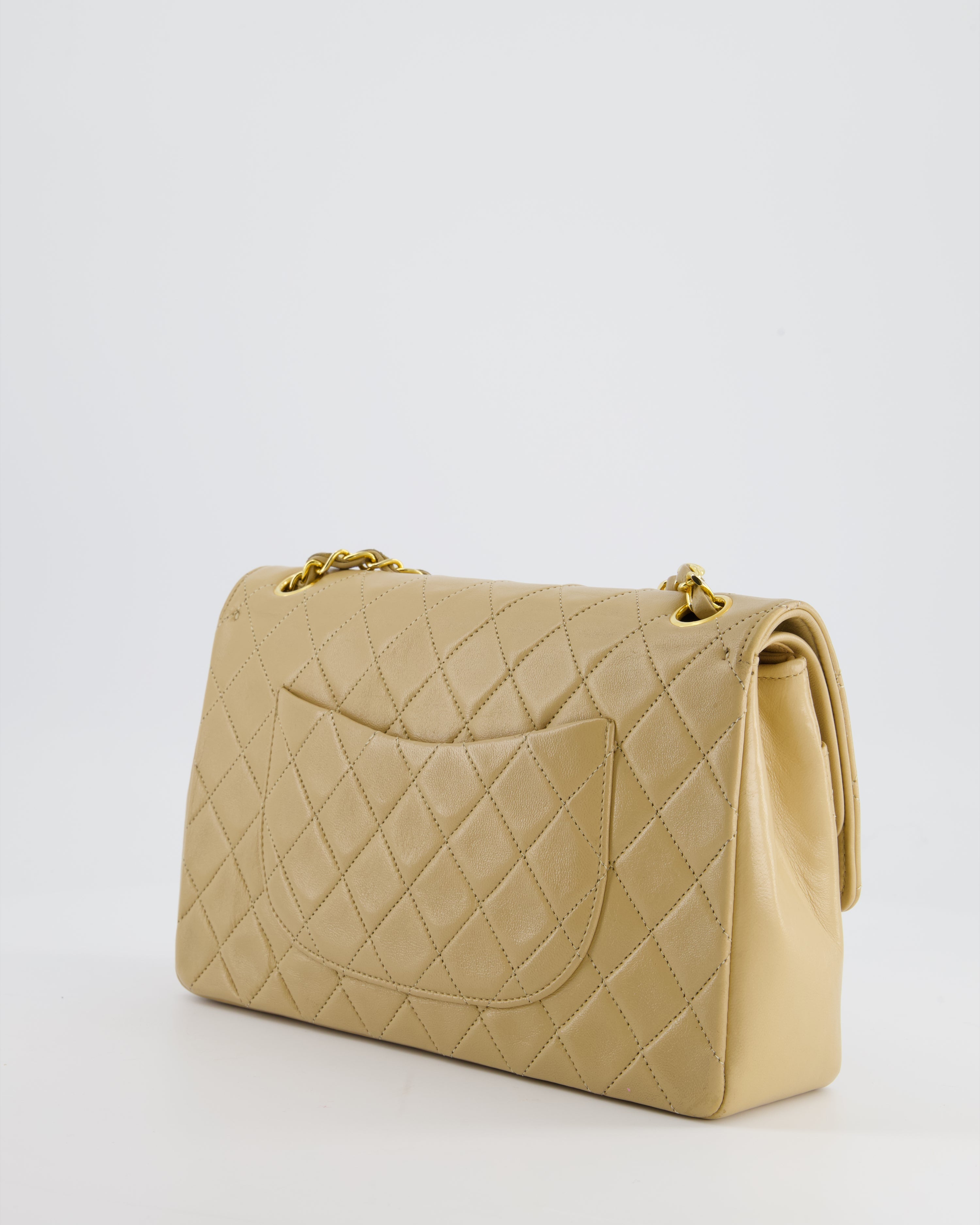 Chanel Beige Vintage Classic Medium Double Flap Bag in Lambskin Leather with 24K Gold Hardware and Stitched Edge