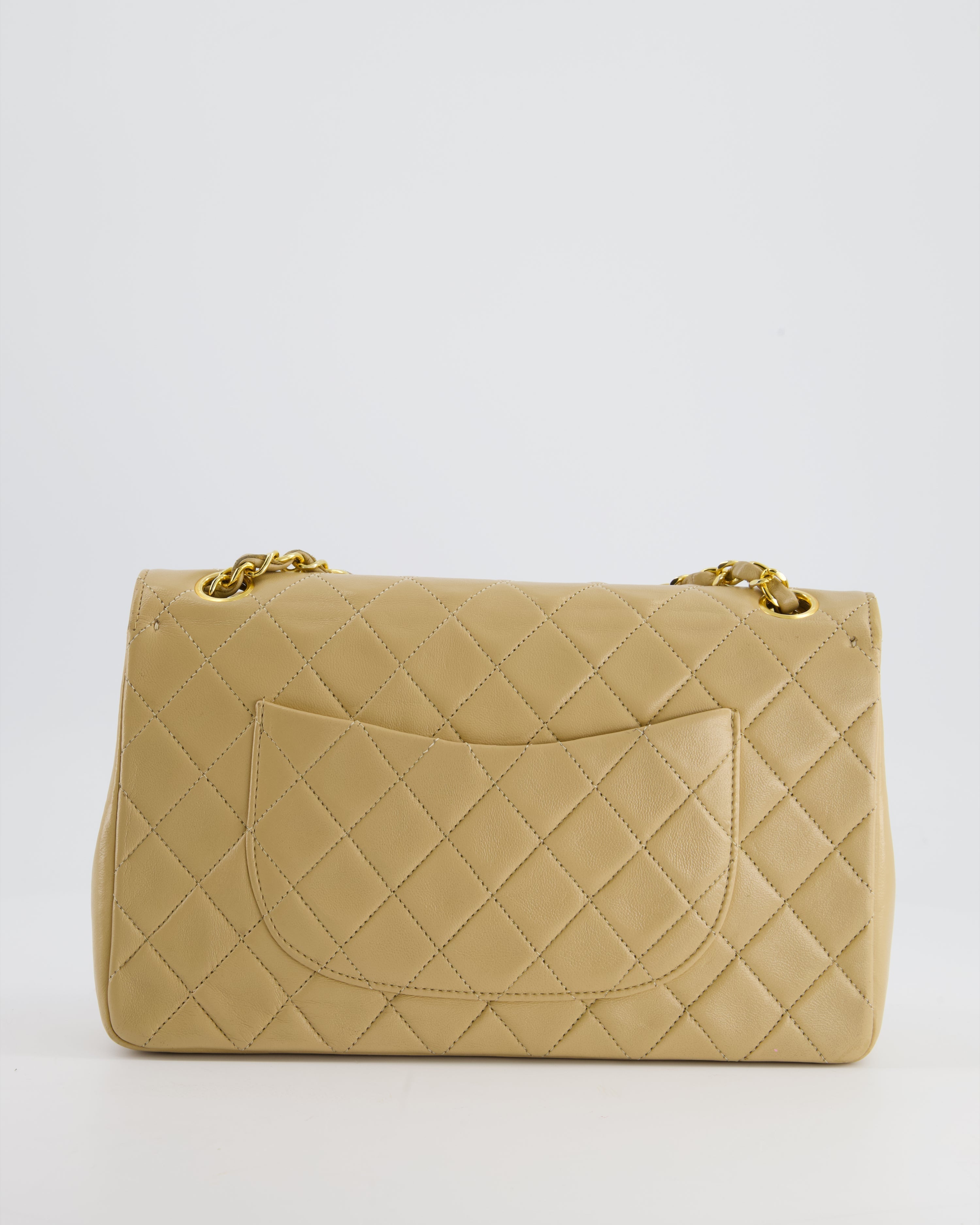 Chanel Beige Vintage Classic Medium Double Flap Bag in Lambskin Leather with 24K Gold Hardware and Stitched Edge
