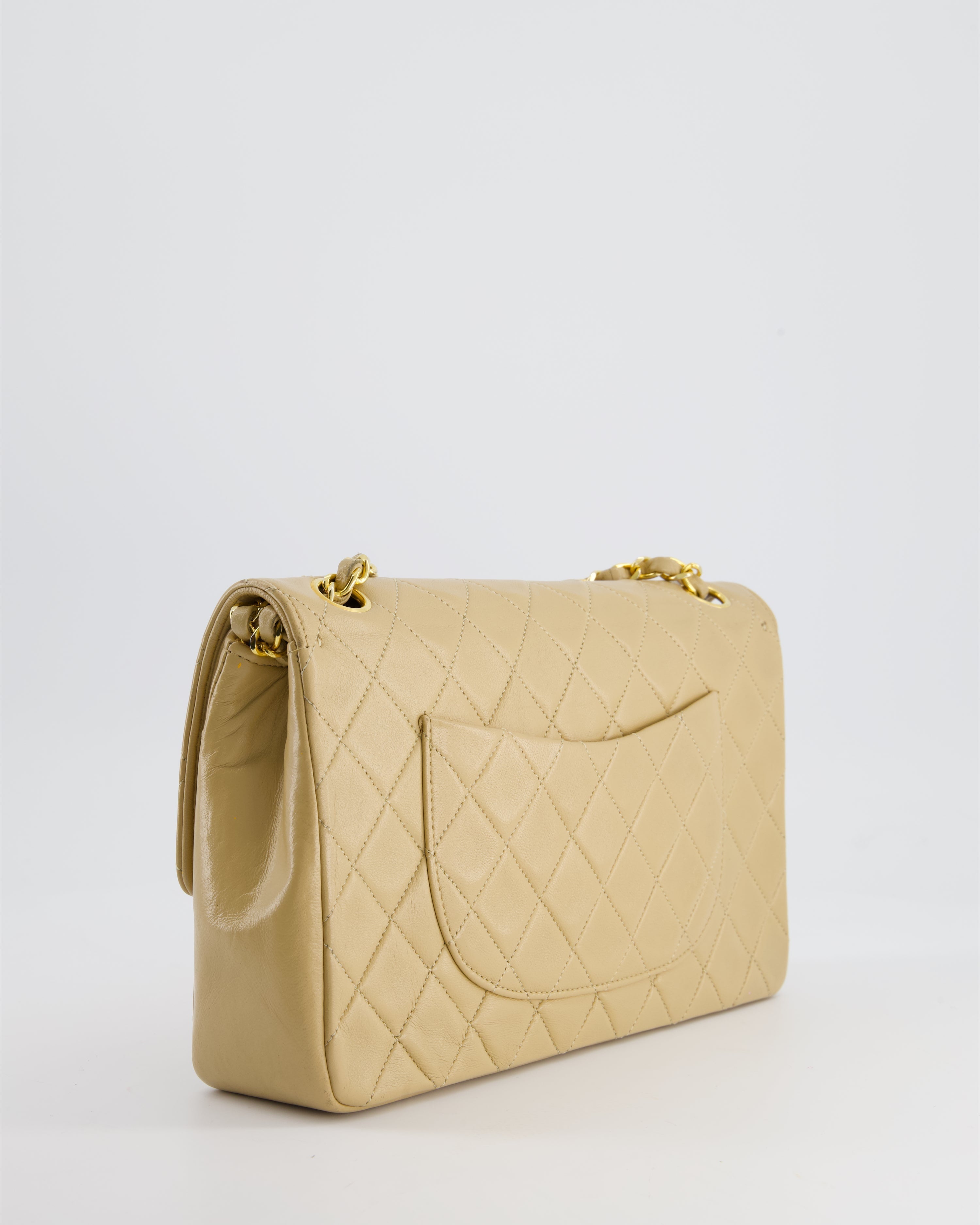 Chanel Beige Vintage Classic Medium Double Flap Bag in Lambskin Leather with 24K Gold Hardware and Stitched Edge