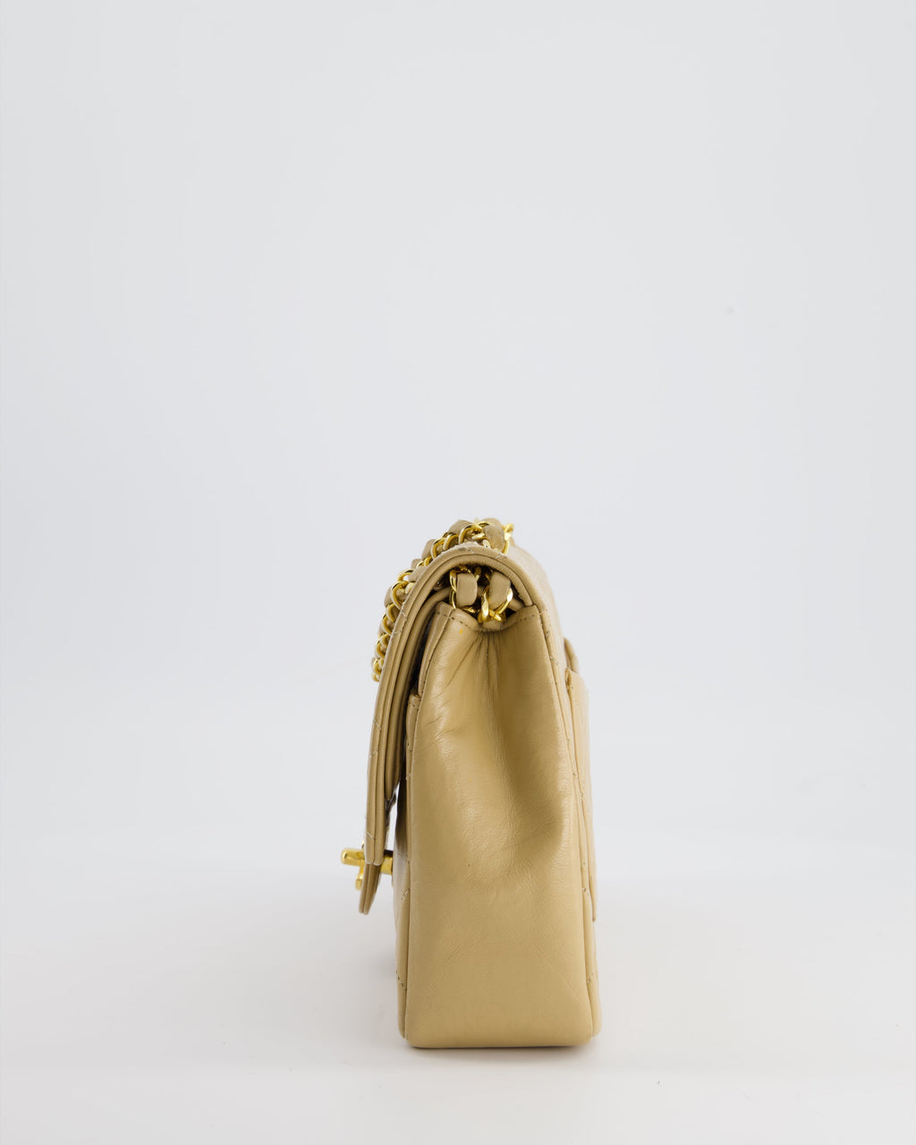Chanel Beige Vintage Classic Medium Double Flap Bag in Lambskin Leather with 24K Gold Hardware and Stitched Edge