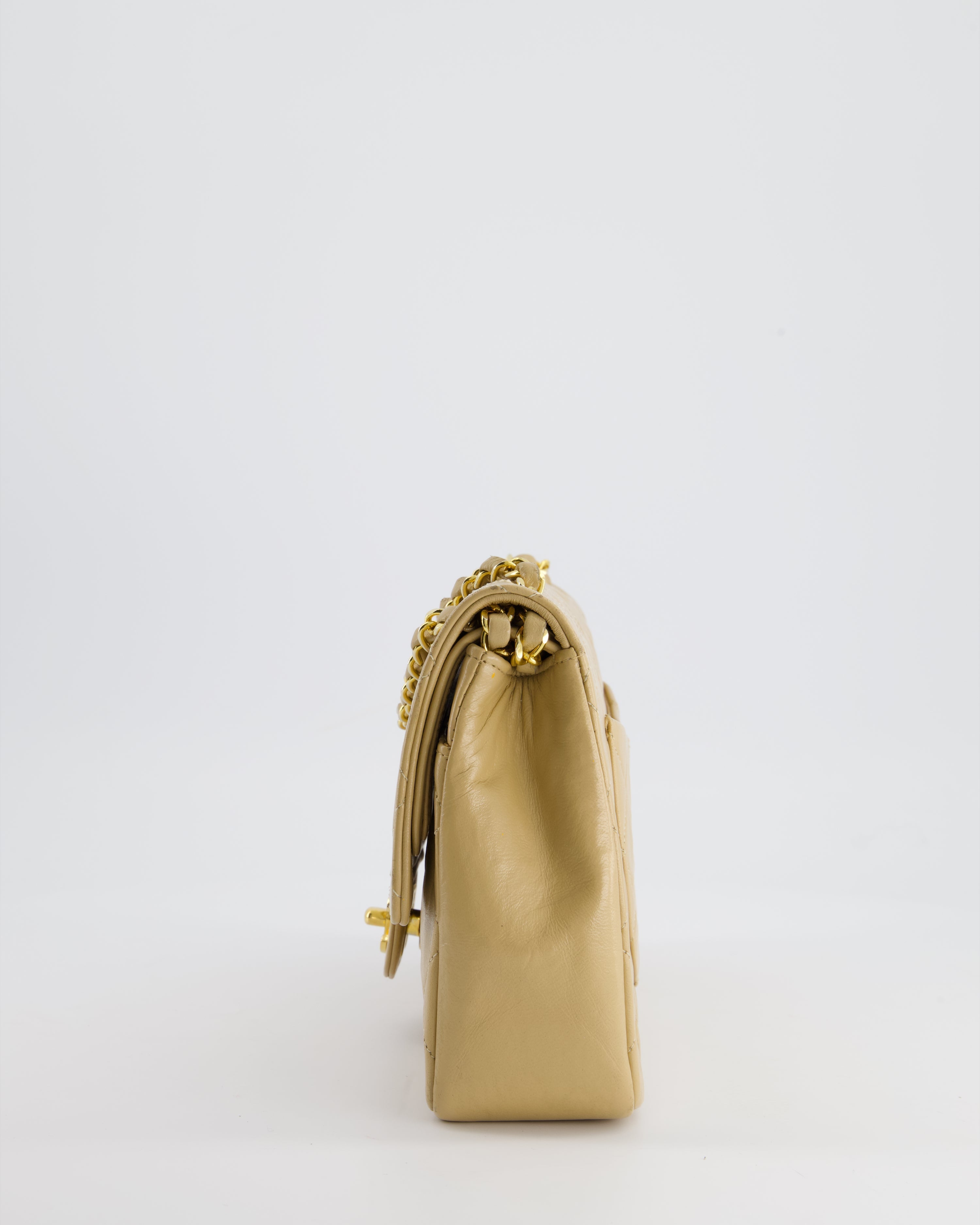 Chanel Beige Vintage Classic Medium Double Flap Bag in Lambskin Leather with 24K Gold Hardware and Stitched Edge