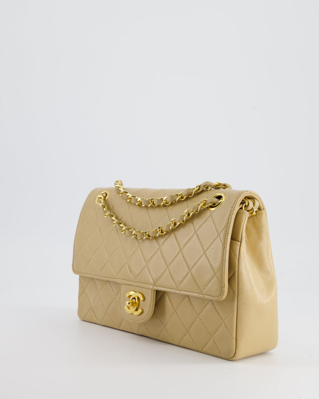 Chanel Beige Vintage Classic Medium Double Flap Bag in Lambskin Leather with 24K Gold Hardware and Stitched Edge