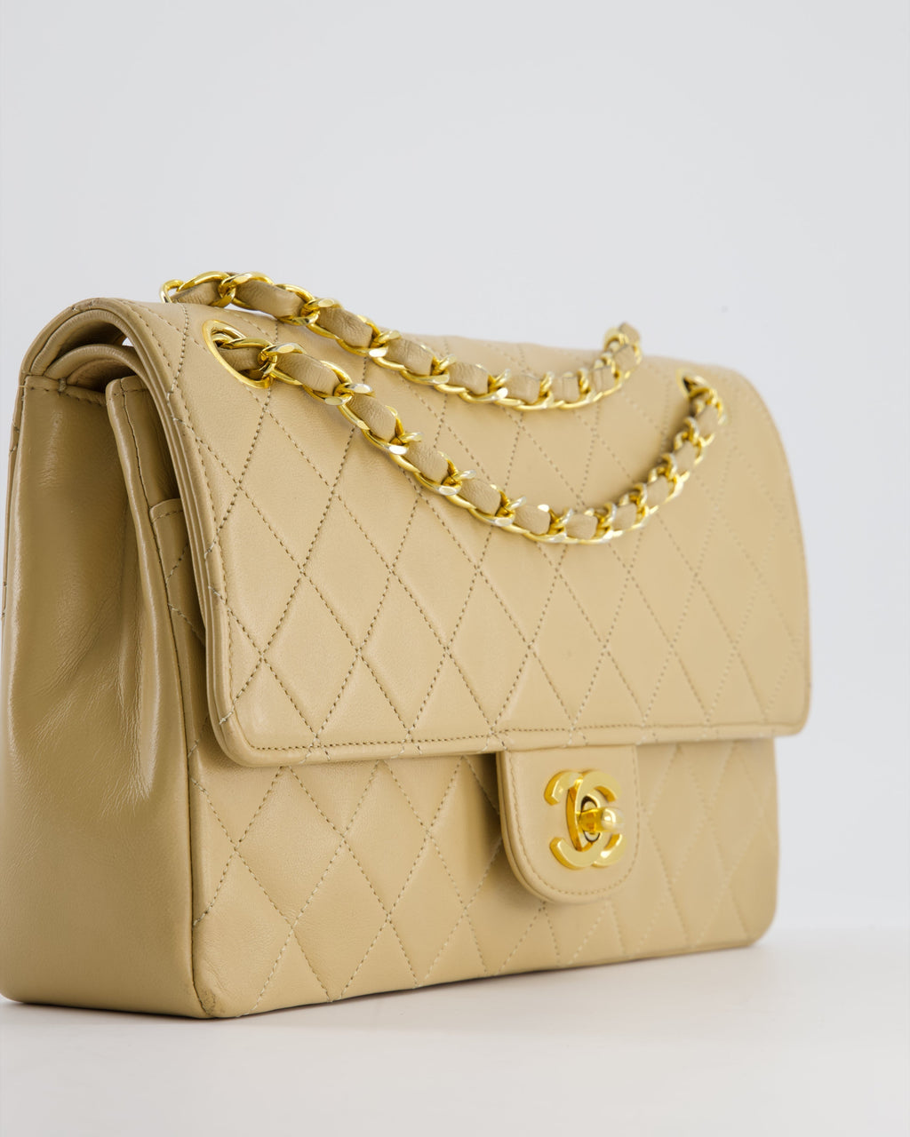 Chanel Beige Vintage Classic Medium Double Flap Bag in Lambskin Leather with 24K Gold Hardware and Stitched Edge