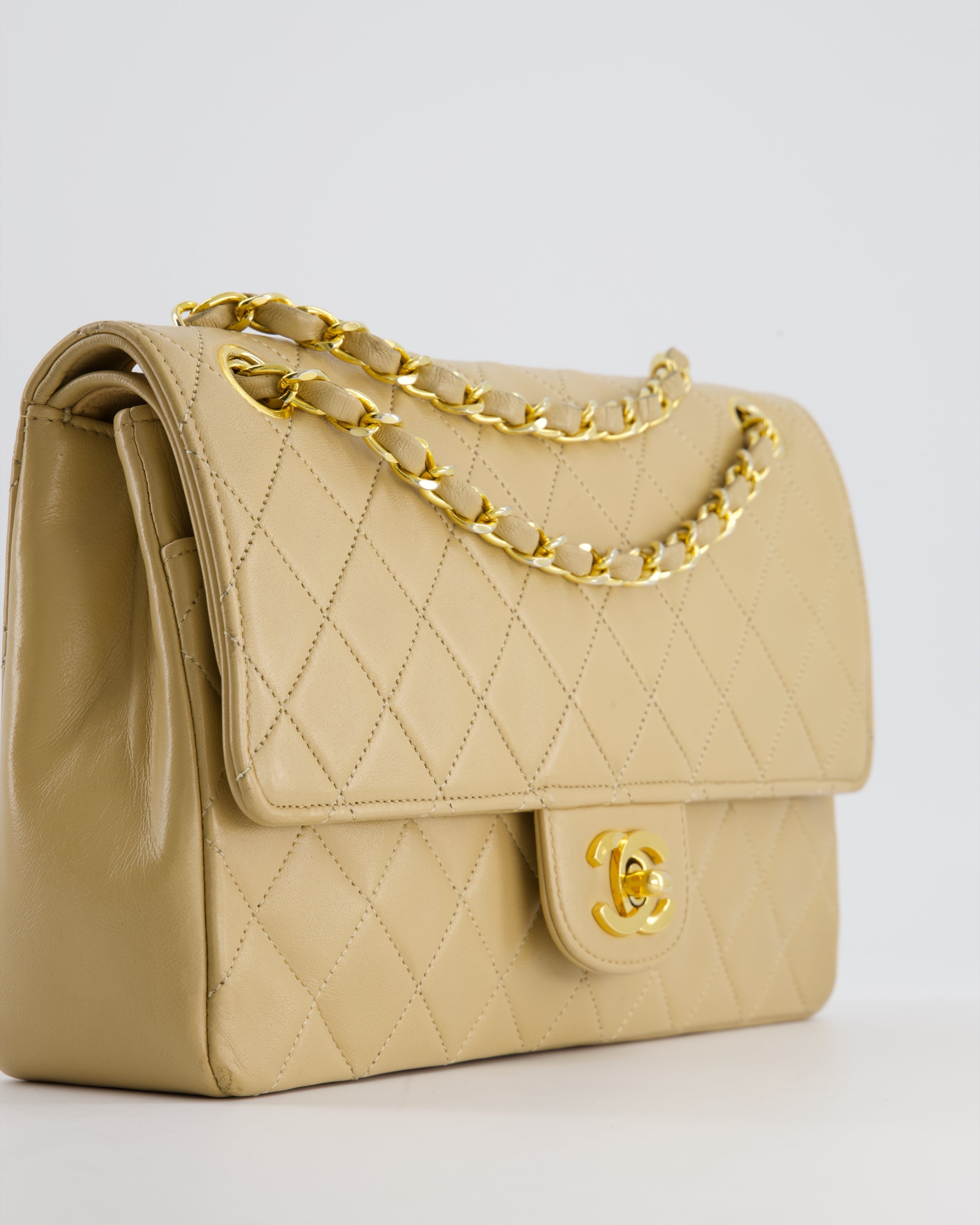 Chanel Beige Vintage Classic Medium Double Flap Bag in Lambskin Leather with 24K Gold Hardware and Stitched Edge