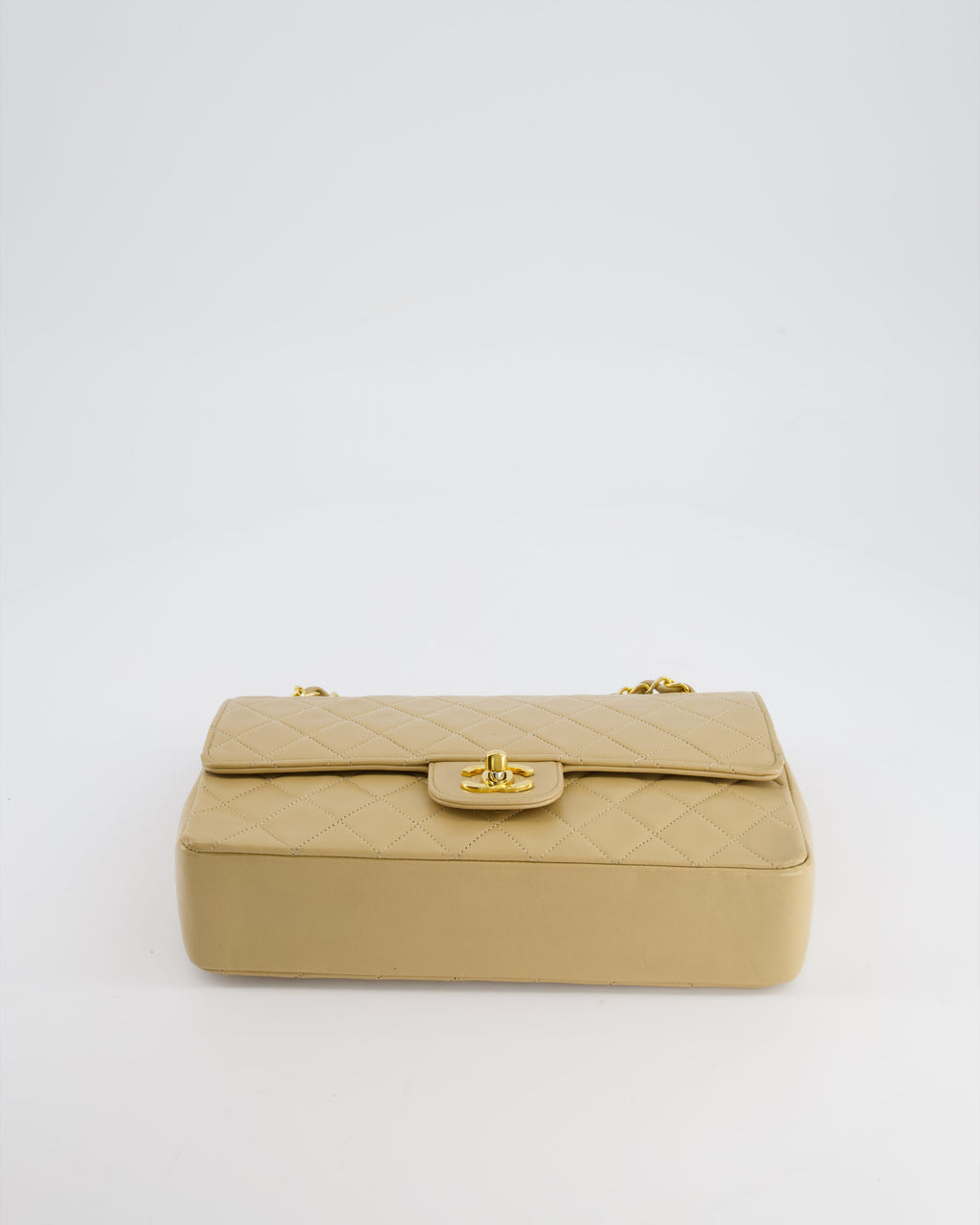Chanel Beige Vintage Classic Medium Double Flap Bag in Lambskin Leather with 24K Gold Hardware and Stitched Edge