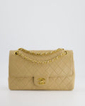 Chanel Beige Vintage Classic Medium Double Flap Bag in Lambskin Leather with 24K Gold Hardware and Stitched Edge
