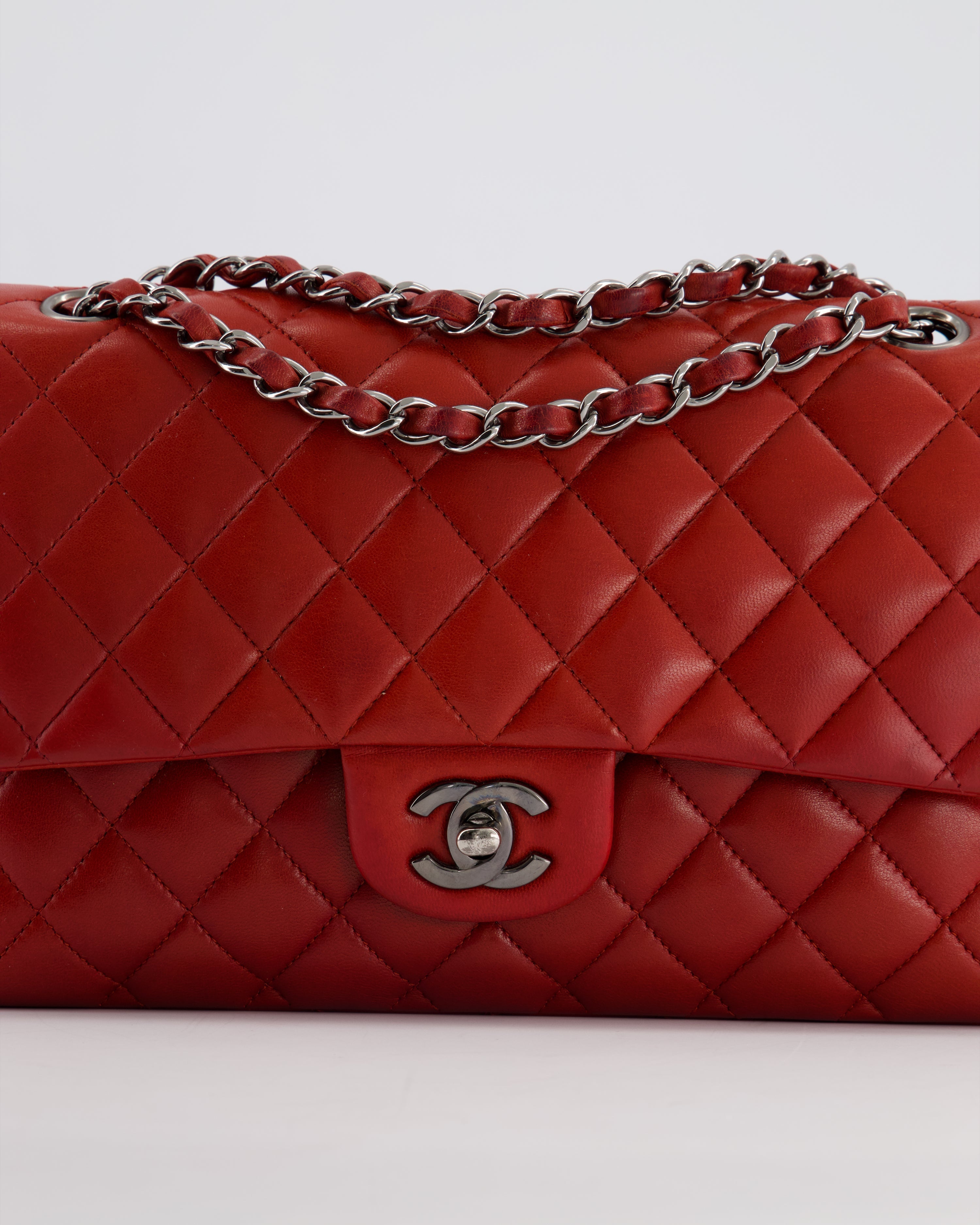 Chanel Red Medium Classic Double Flap Bag in Lambskin Leather with Gun Metal Silver Hardware RRP £8530