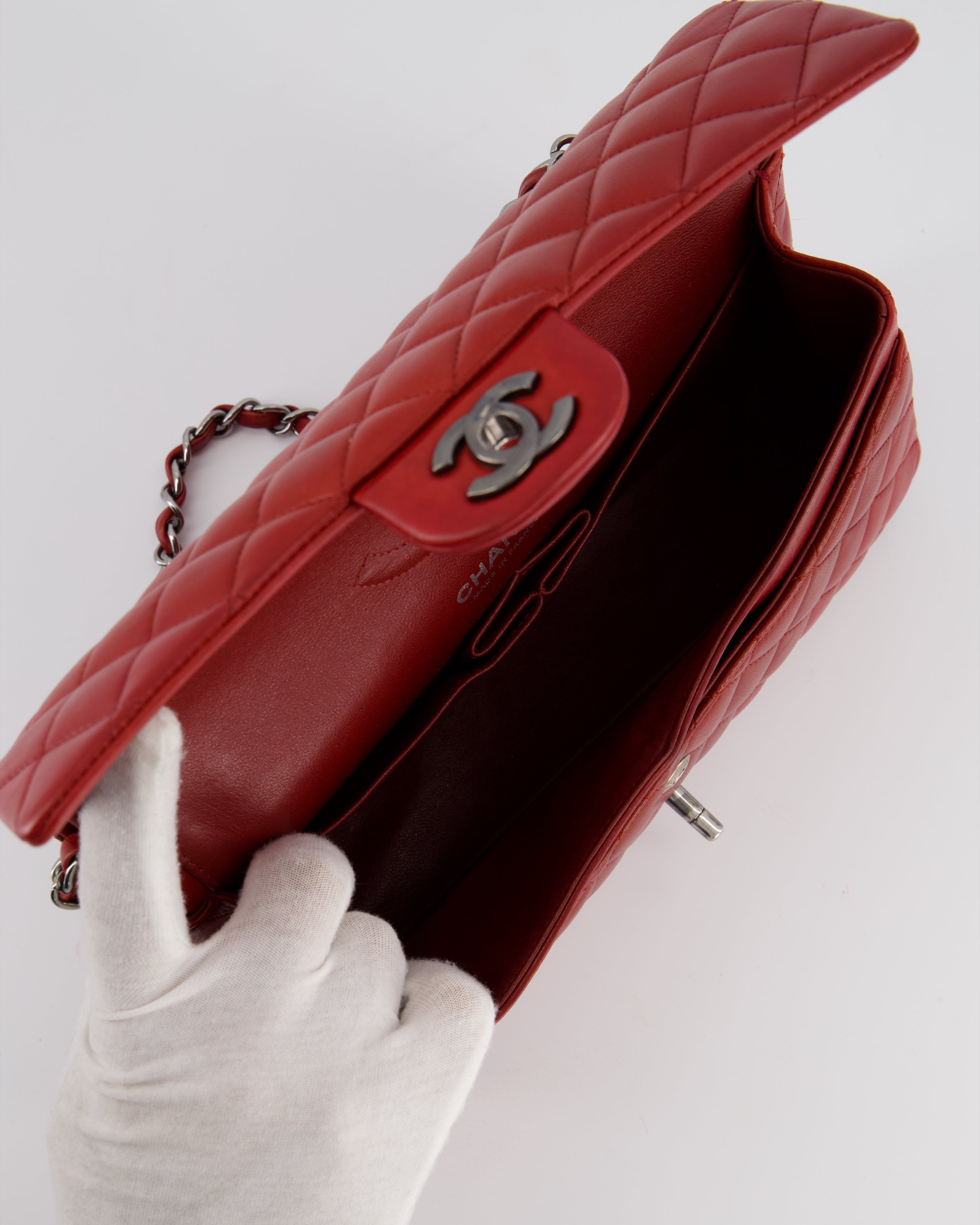 Chanel Red Medium Classic Double Flap Bag in Lambskin Leather with Gun Metal Silver Hardware RRP £8530