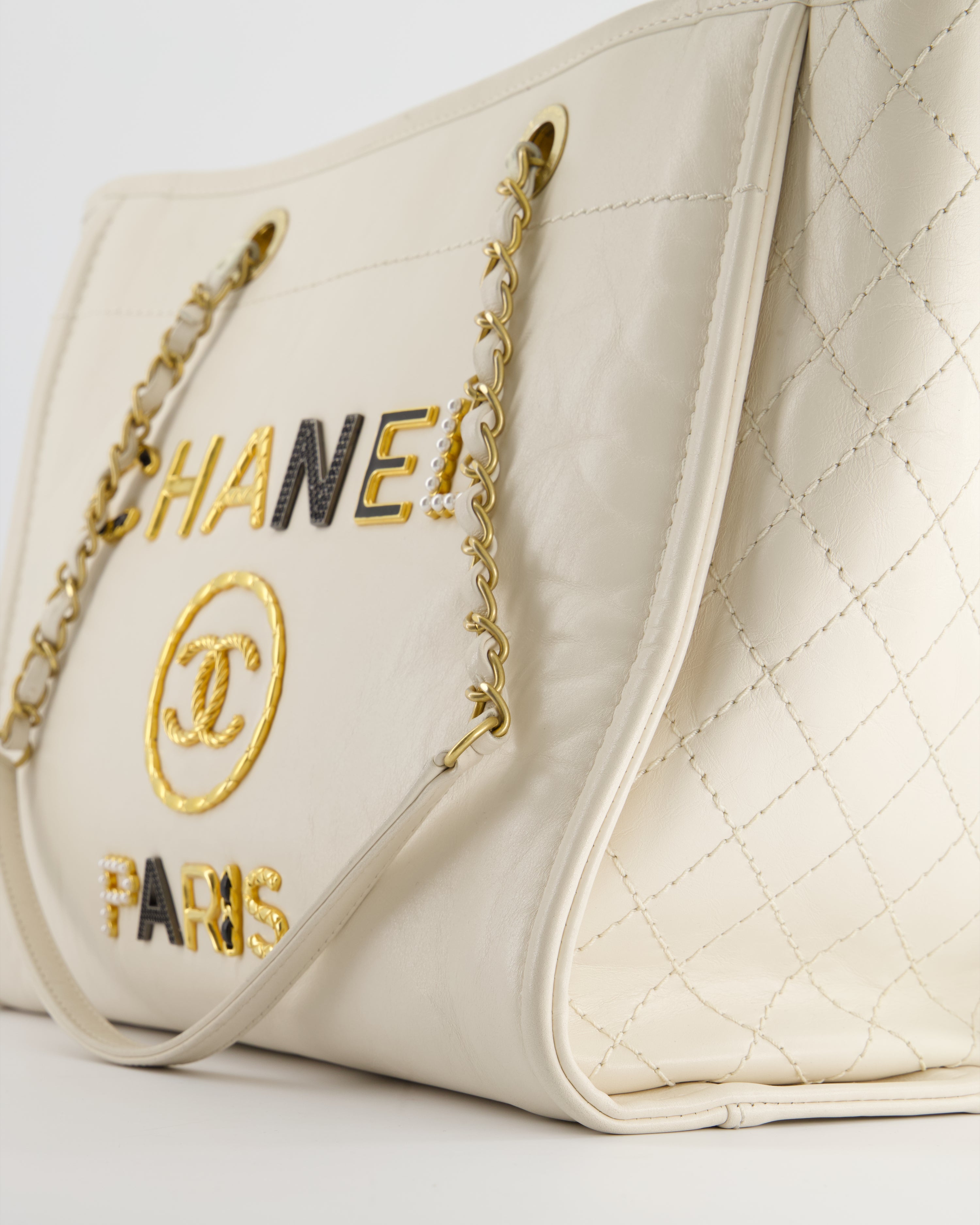 Chanel White Leather Deauville Tote Bag with Gold Hardware