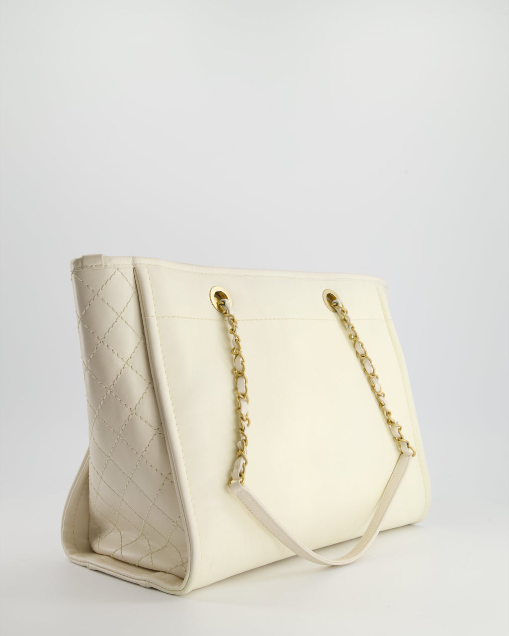 Chanel White Leather Deauville Tote Bag with Gold Hardware