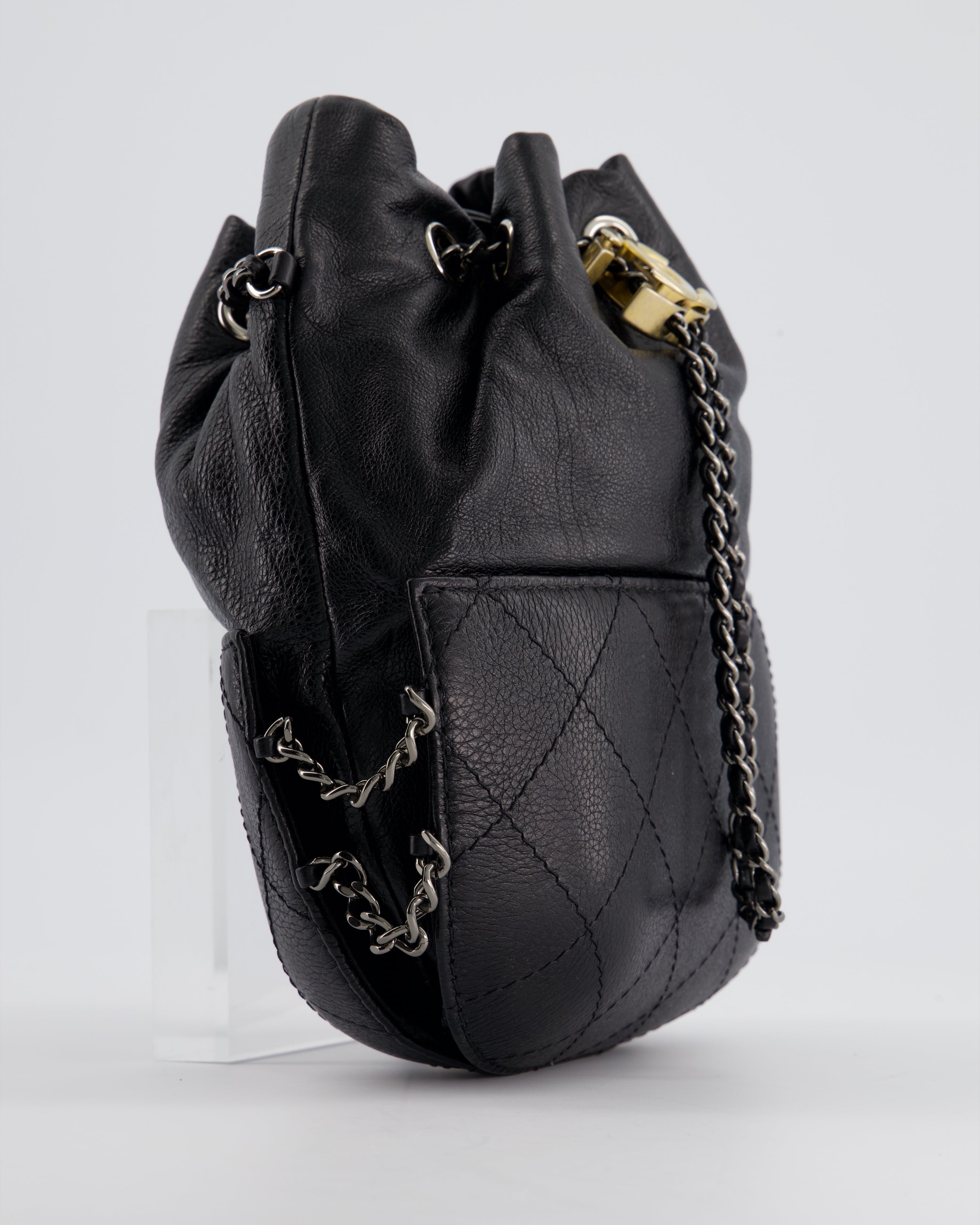 Chanel Black Mini Bucket Bag in Aged Calfskin Leather with Mixed Hardware