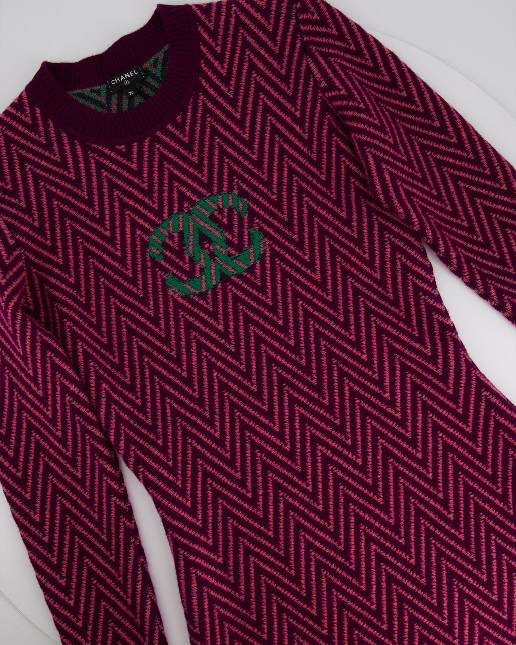 Chanel FW/21 Purple, Green Zig Zag Cashmere Dress with CC Logo Size FR 36 (UK 8)