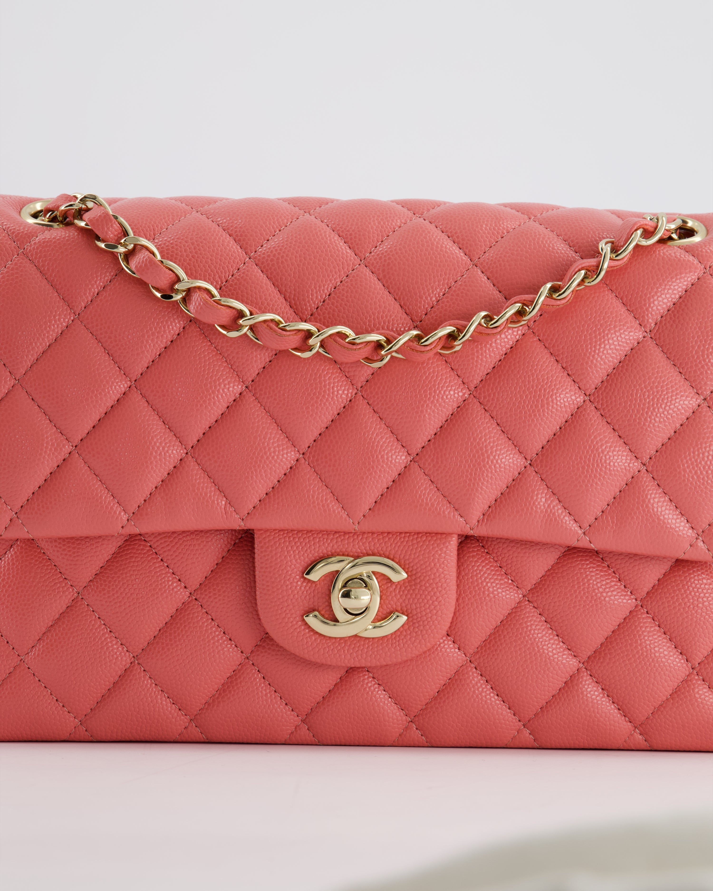 Chanel Medium Pink Classic Double Flap Bag in Caviar Leather with Gold Hardware