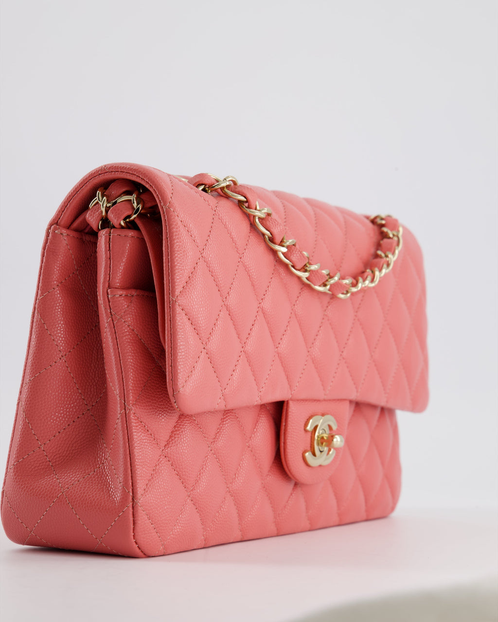Chanel Medium Pink Classic Double Flap Bag in Caviar Leather with Gold Hardware