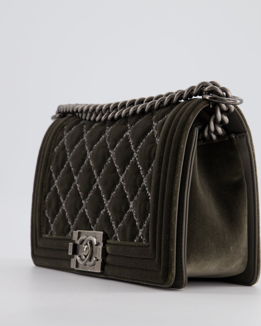 Chanel Medium Charcoal Grey Velvet Boy Bag with Contrast Stitching and Ruthenium Hardware Bag