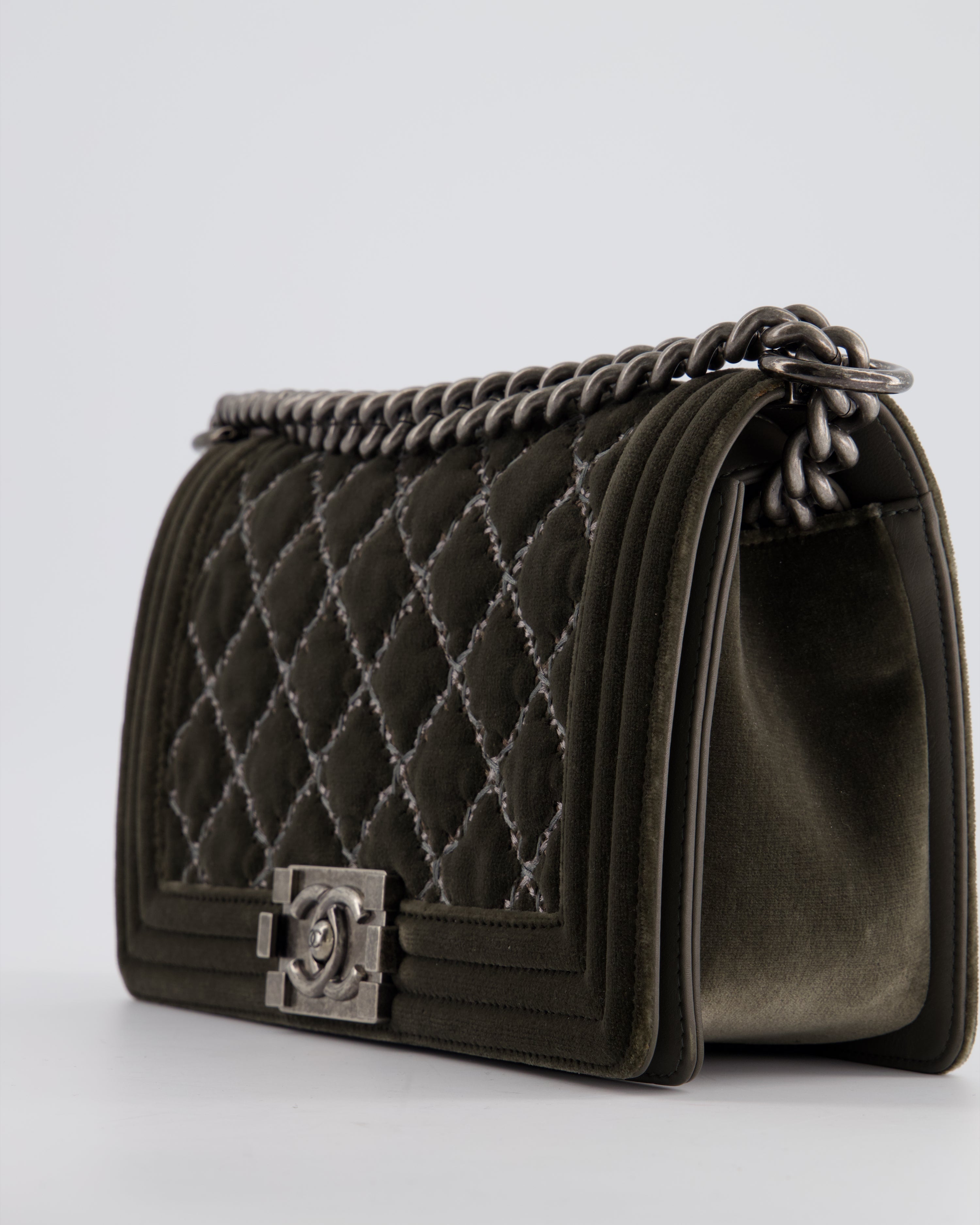 Chanel Medium Charcoal Grey Velvet Boy Bag with Contrast Stitching and Ruthenium Hardware Bag