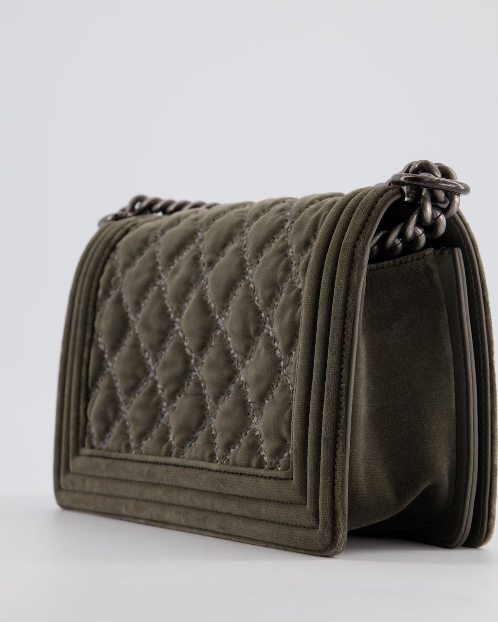 Chanel Medium Charcoal Grey Velvet Boy Bag with Contrast Stitching and Ruthenium Hardware Bag