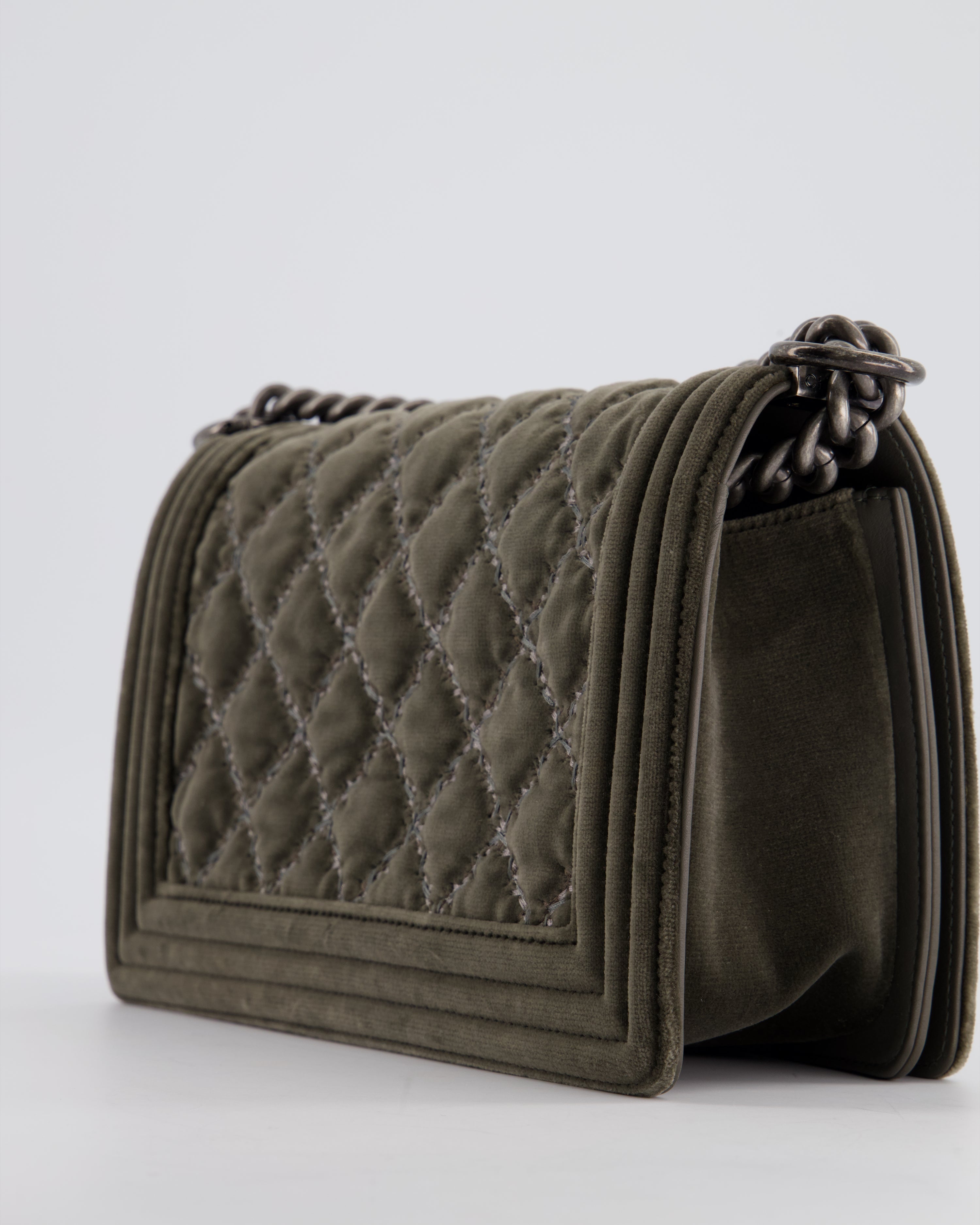 Chanel Medium Charcoal Grey Velvet Boy Bag with Contrast Stitching and Ruthenium Hardware Bag