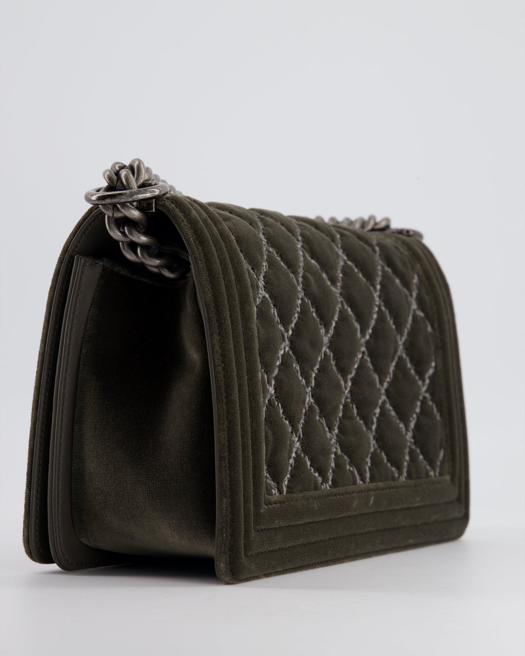 Chanel Medium Charcoal Grey Velvet Boy Bag with Contrast Stitching and Ruthenium Hardware Bag