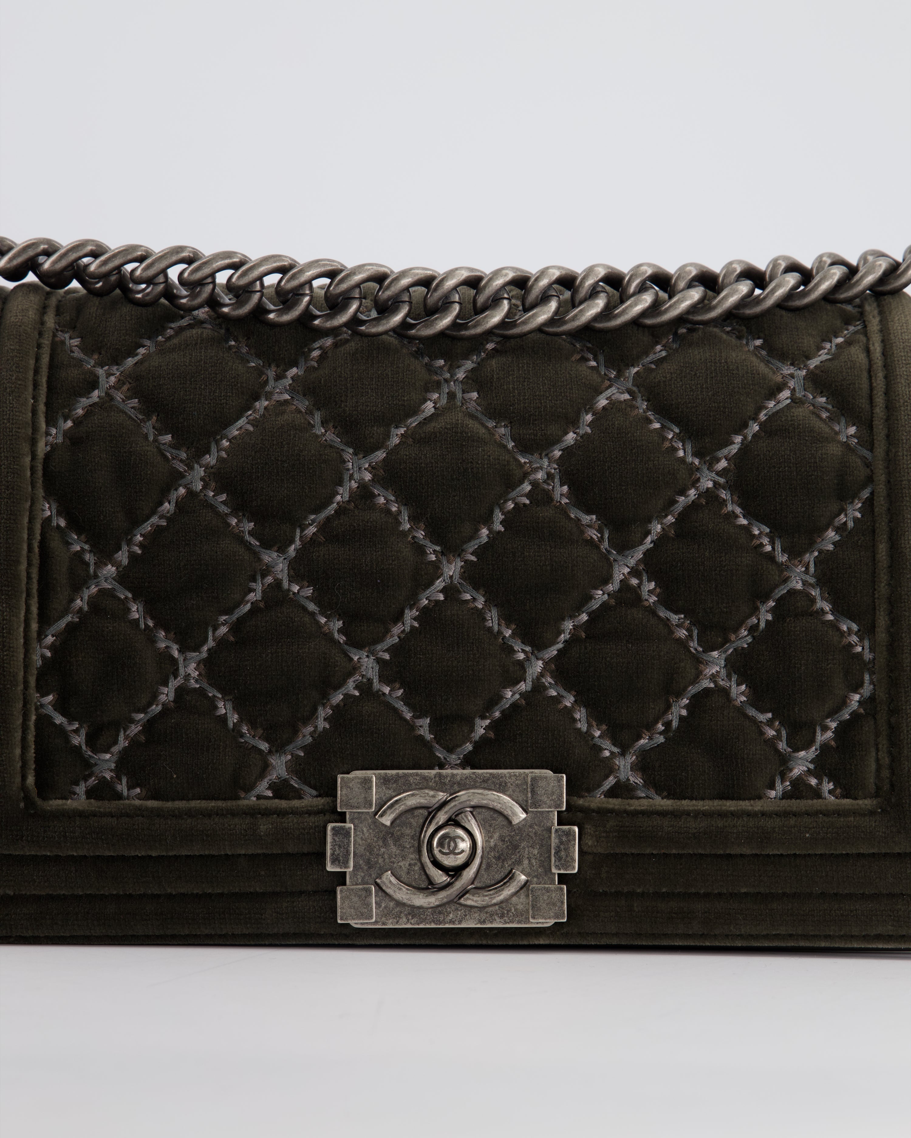 Chanel Medium Charcoal Grey Velvet Boy Bag with Contrast Stitching and Ruthenium Hardware Bag