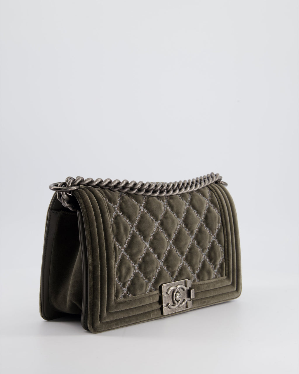 Chanel Medium Charcoal Grey Velvet Boy Bag with Contrast Stitching and Ruthenium Hardware Bag