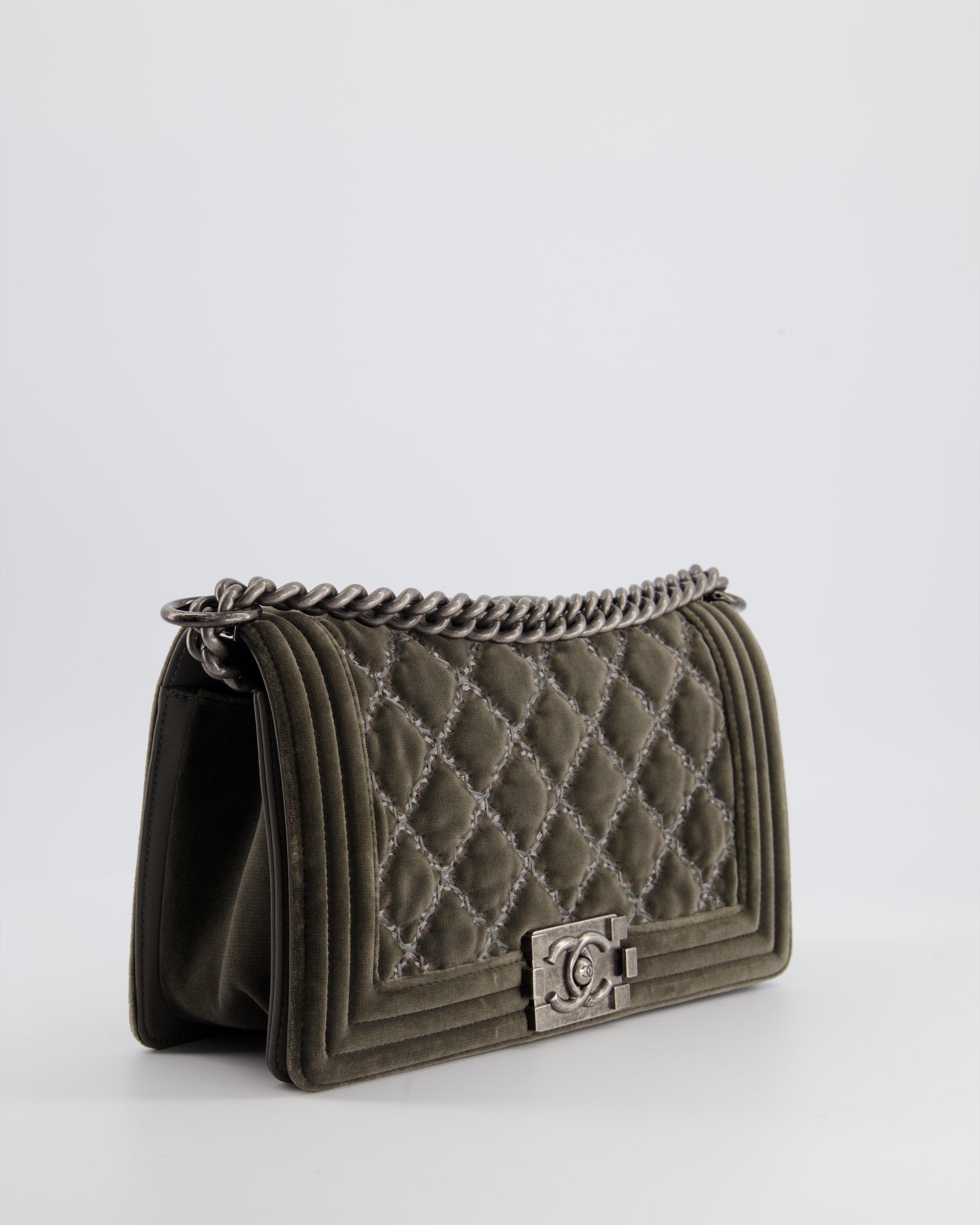 Chanel Medium Charcoal Grey Velvet Boy Bag with Contrast Stitching and Ruthenium Hardware Bag