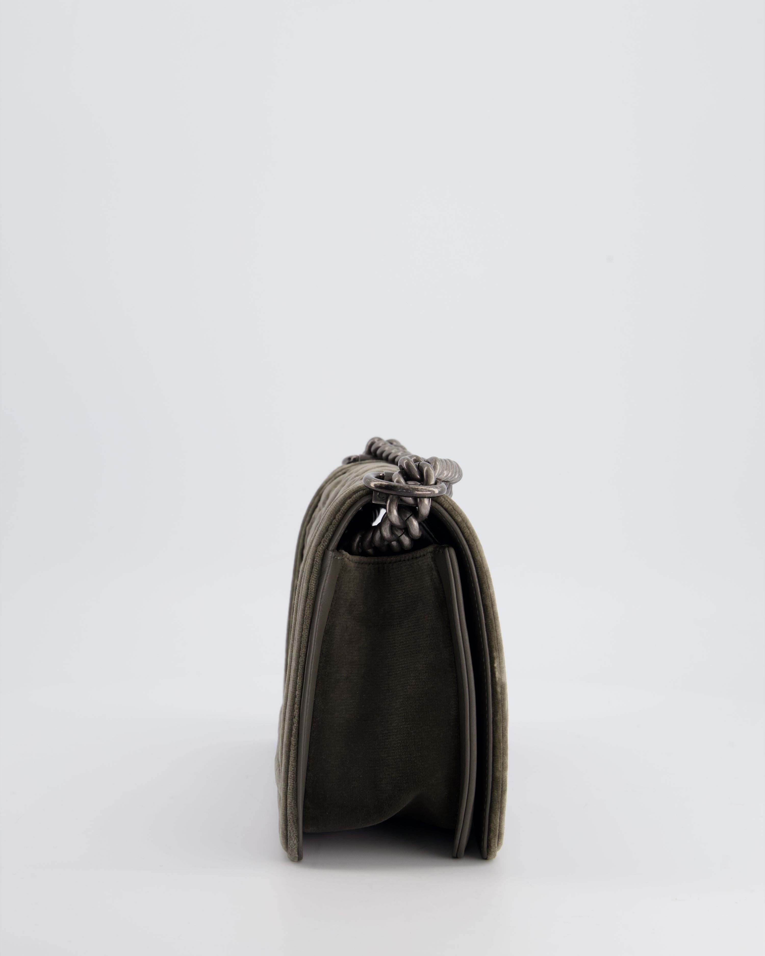 Chanel Medium Charcoal Grey Velvet Boy Bag with Contrast Stitching and Ruthenium Hardware Bag