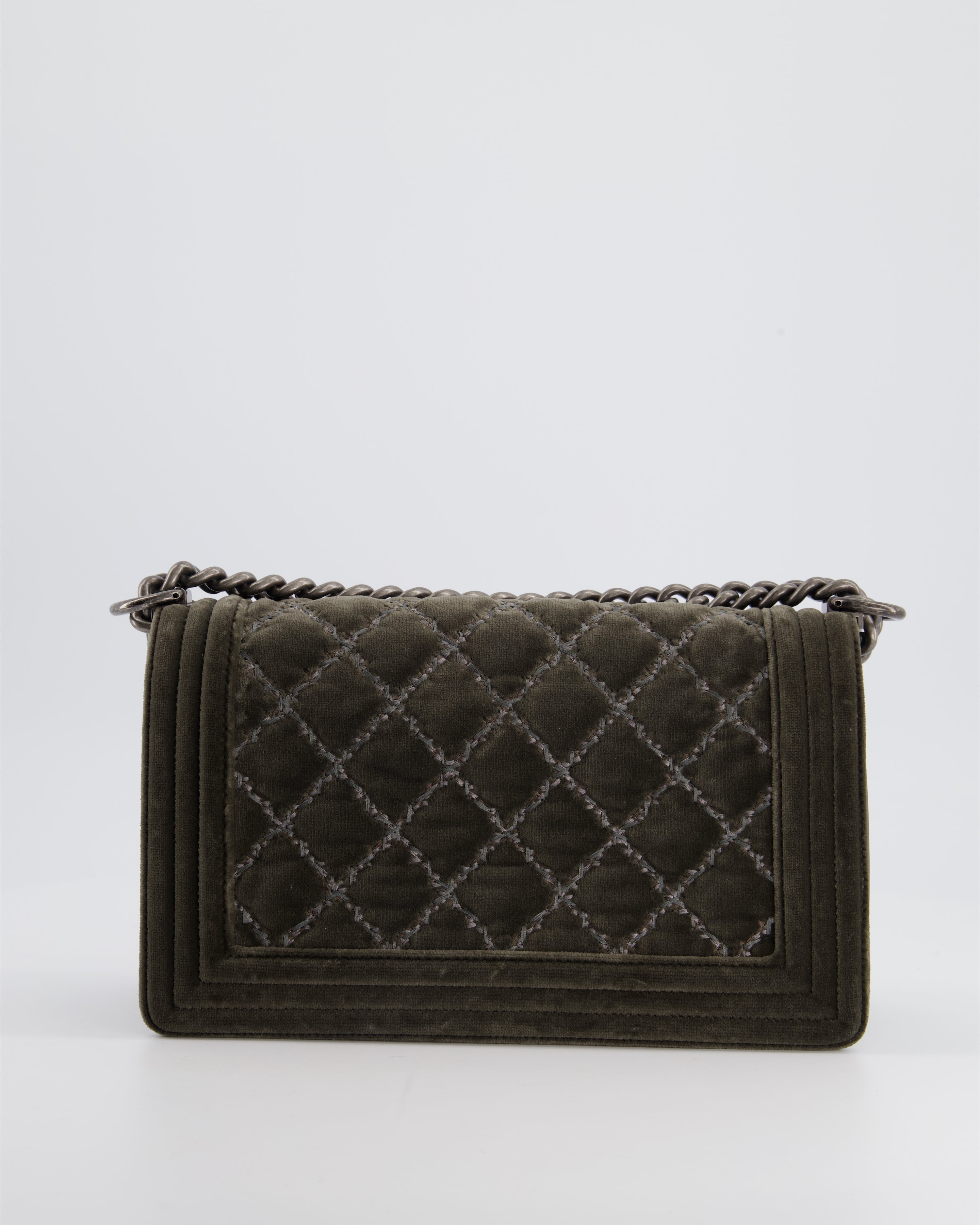 Chanel Medium Charcoal Grey Velvet Boy Bag with Contrast Stitching and Ruthenium Hardware Bag