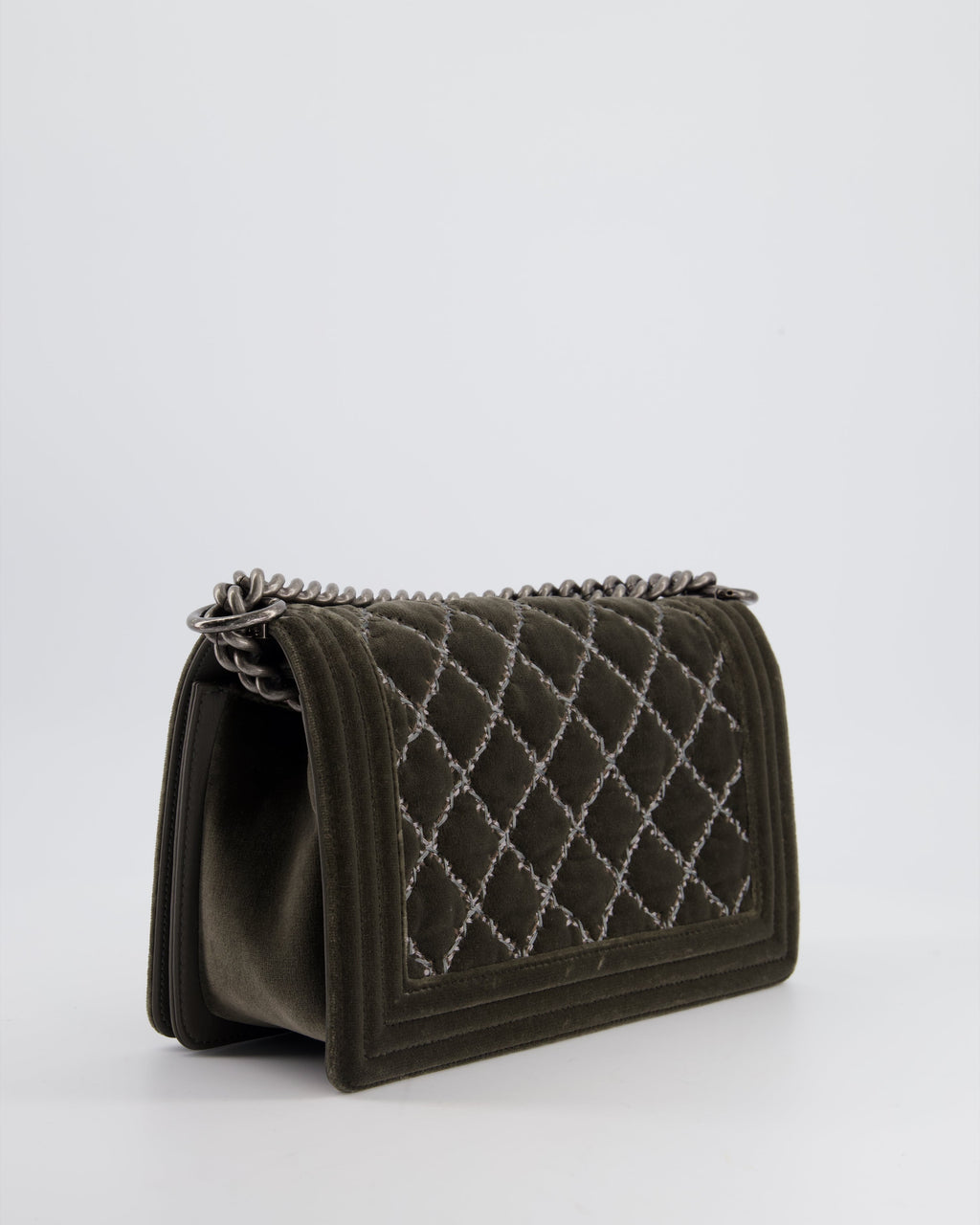 Chanel Medium Charcoal Grey Velvet Boy Bag with Contrast Stitching and Ruthenium Hardware Bag