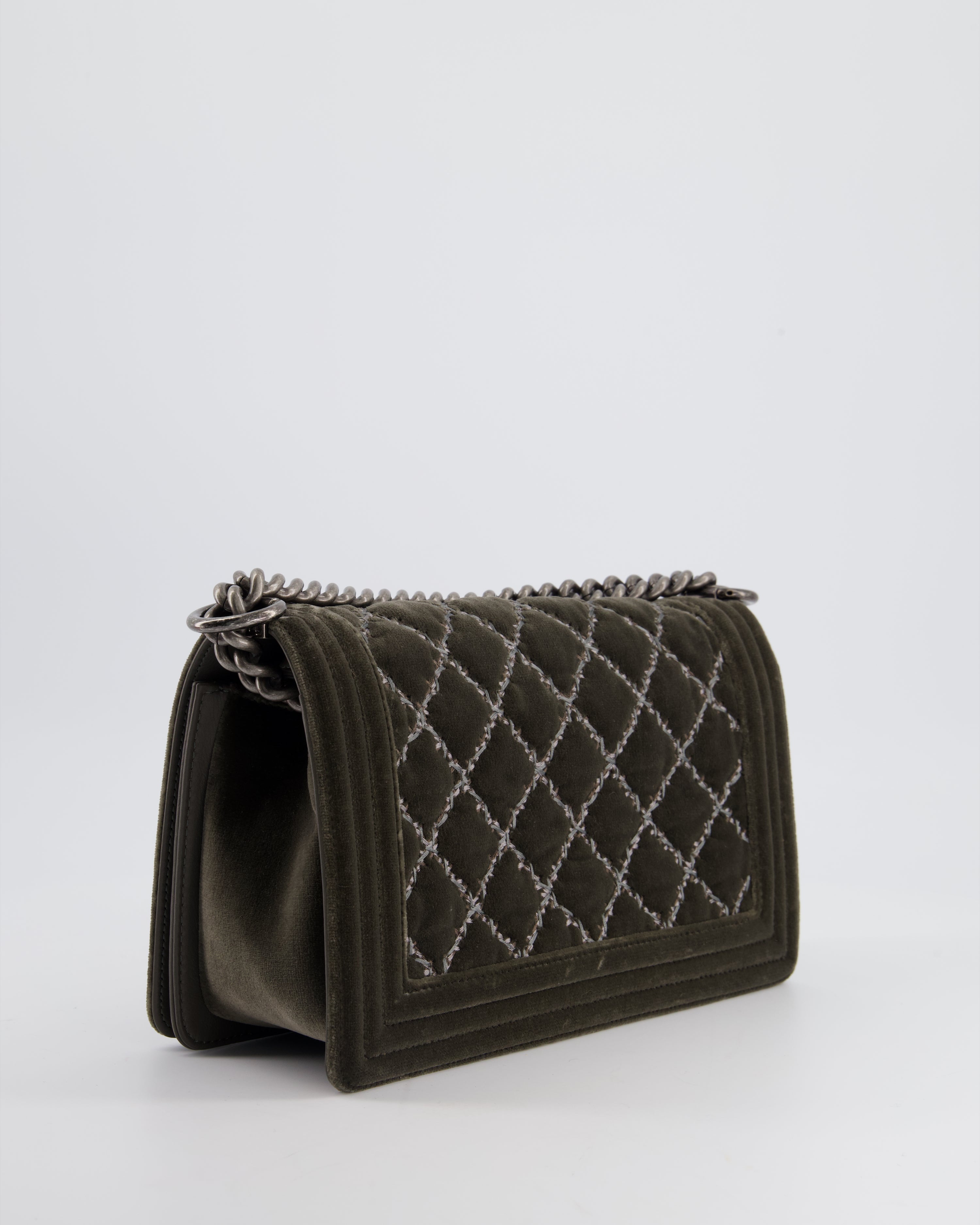 Chanel Medium Charcoal Grey Velvet Boy Bag with Contrast Stitching and Ruthenium Hardware Bag