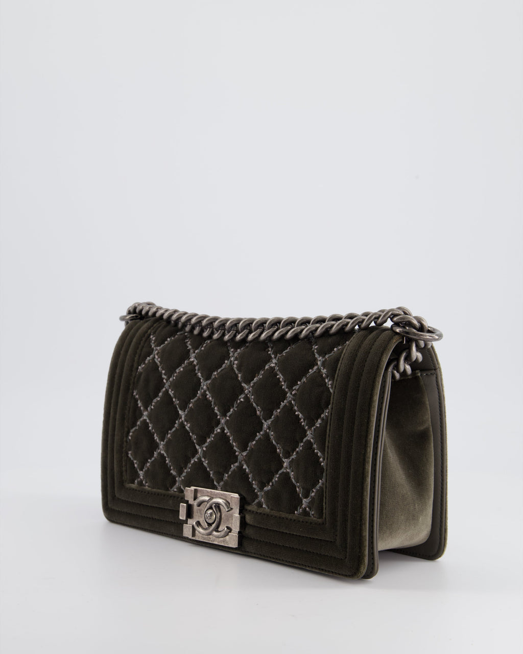 Chanel Medium Charcoal Grey Velvet Boy Bag with Contrast Stitching and Ruthenium Hardware Bag