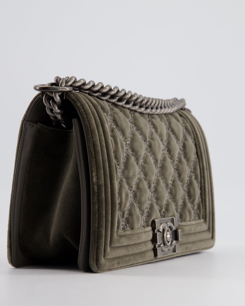 Chanel Medium Charcoal Grey Velvet Boy Bag with Contrast Stitching and Ruthenium Hardware Bag