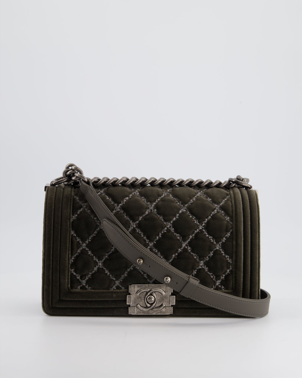 Chanel Medium Charcoal Grey Velvet Boy Bag with Contrast Stitching and Ruthenium Hardware Bag