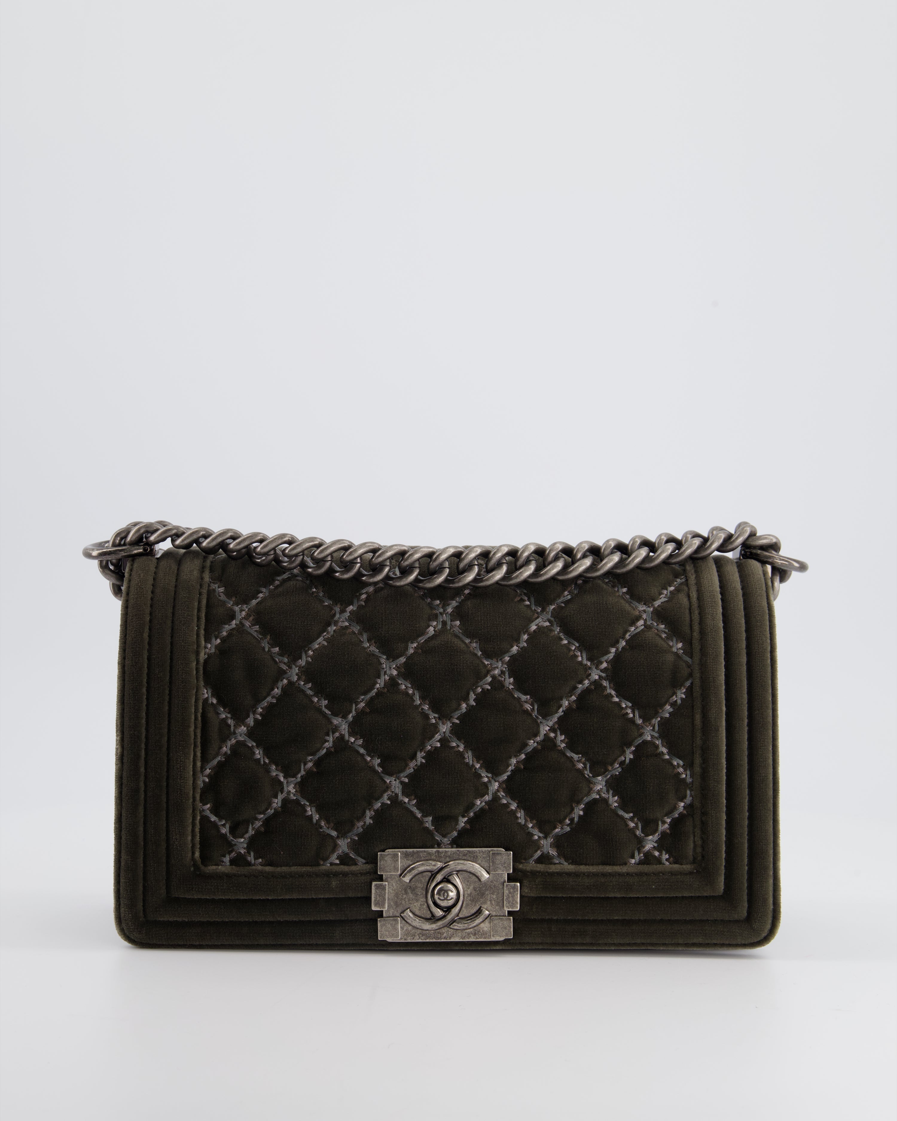 Chanel Medium Charcoal Grey Velvet Boy Bag with Contrast Stitching and Ruthenium Hardware Bag