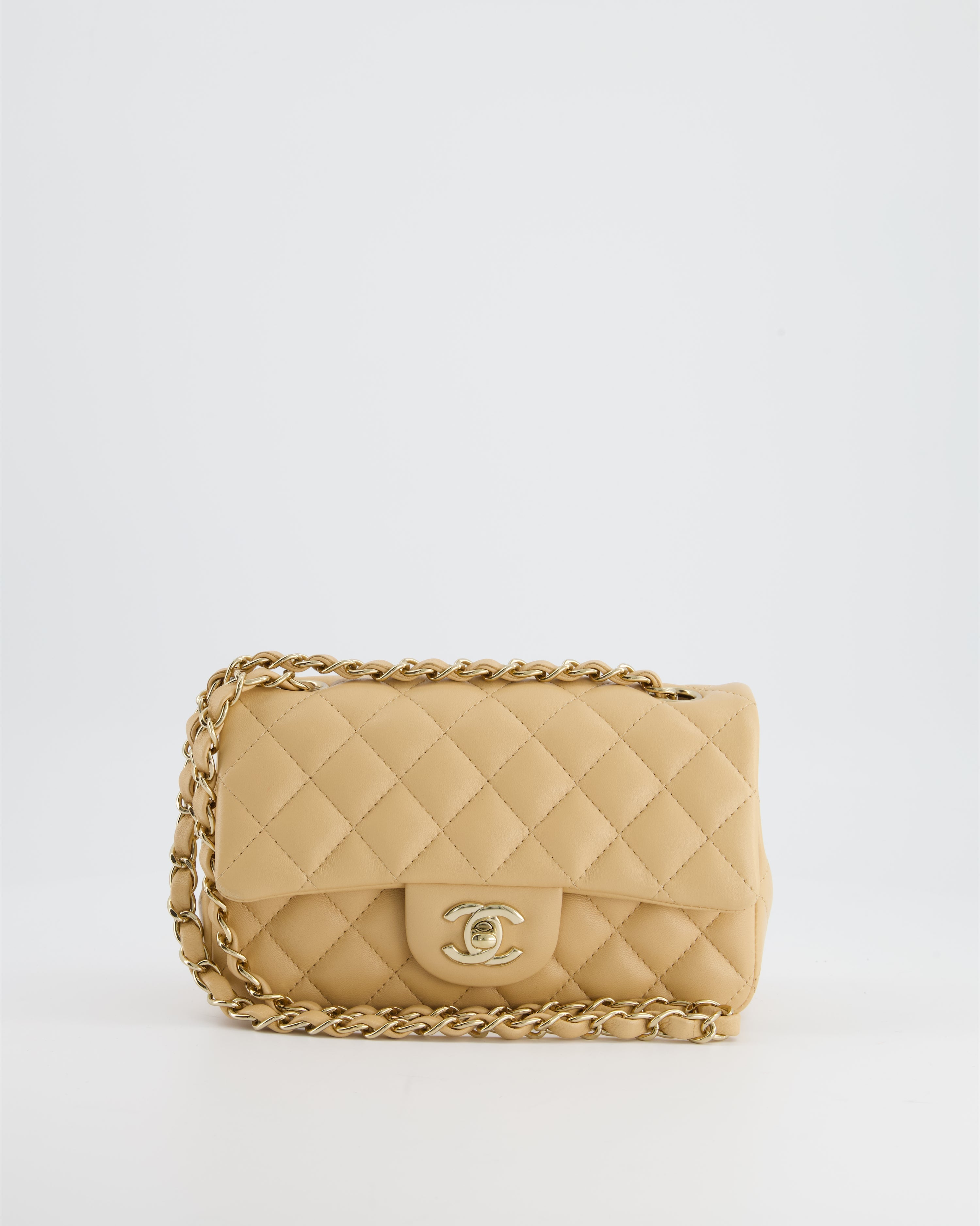 Chanel Beige Mini Rectangular Flap Bag in Lambskin Leather with Gold Hardware