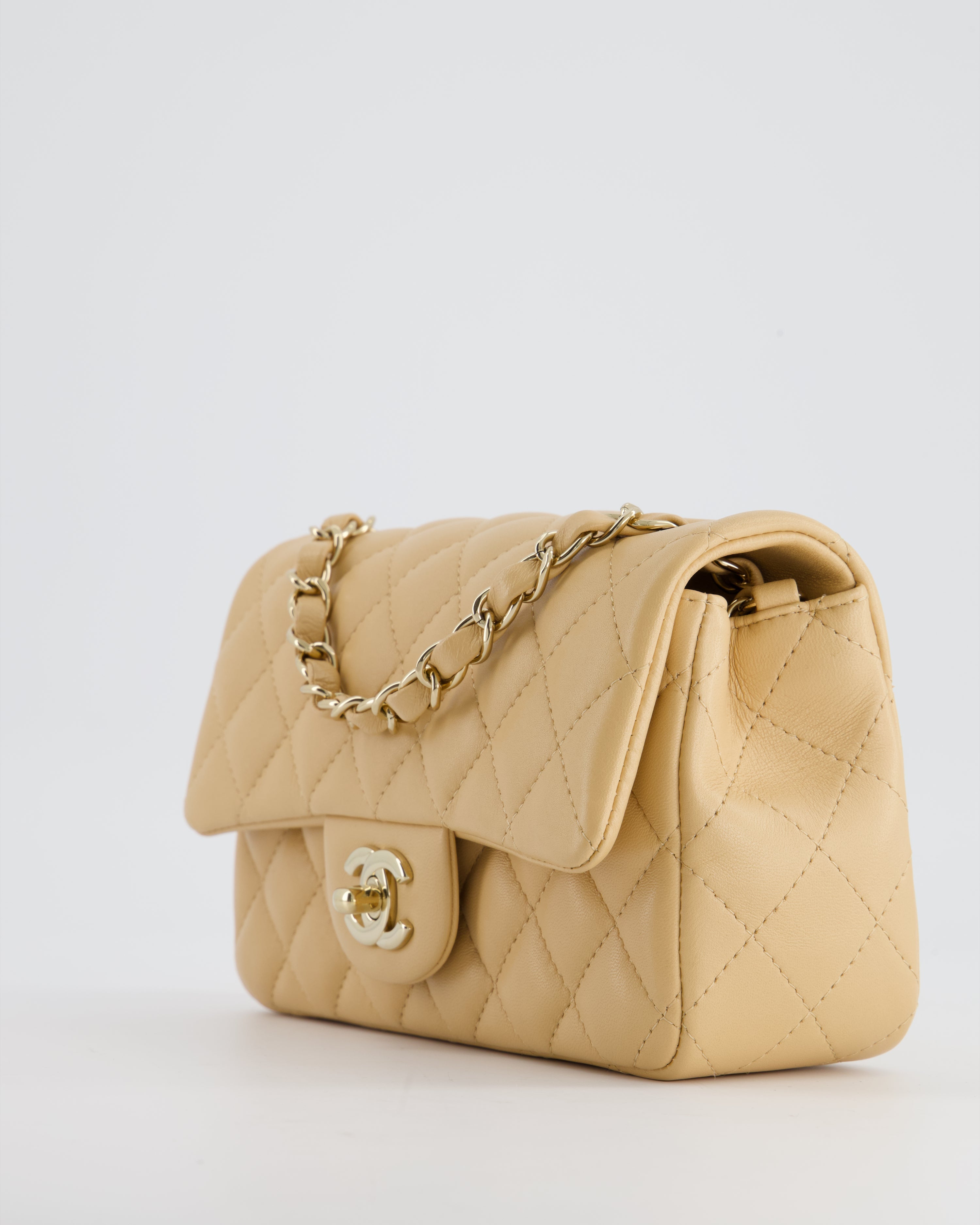 Chanel Beige Mini Rectangular Flap Bag in Lambskin Leather with Gold Hardware
