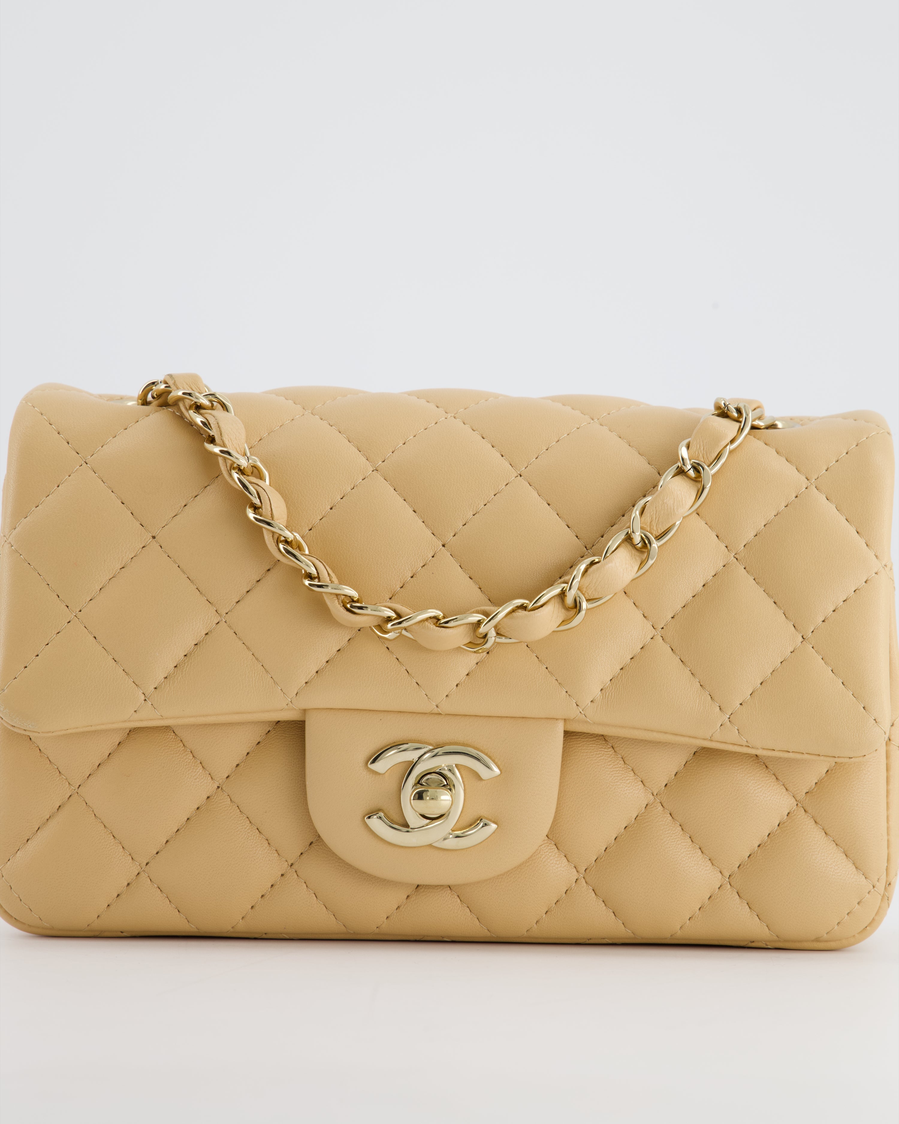 Chanel Beige Mini Rectangular Flap Bag in Lambskin Leather with Gold Hardware