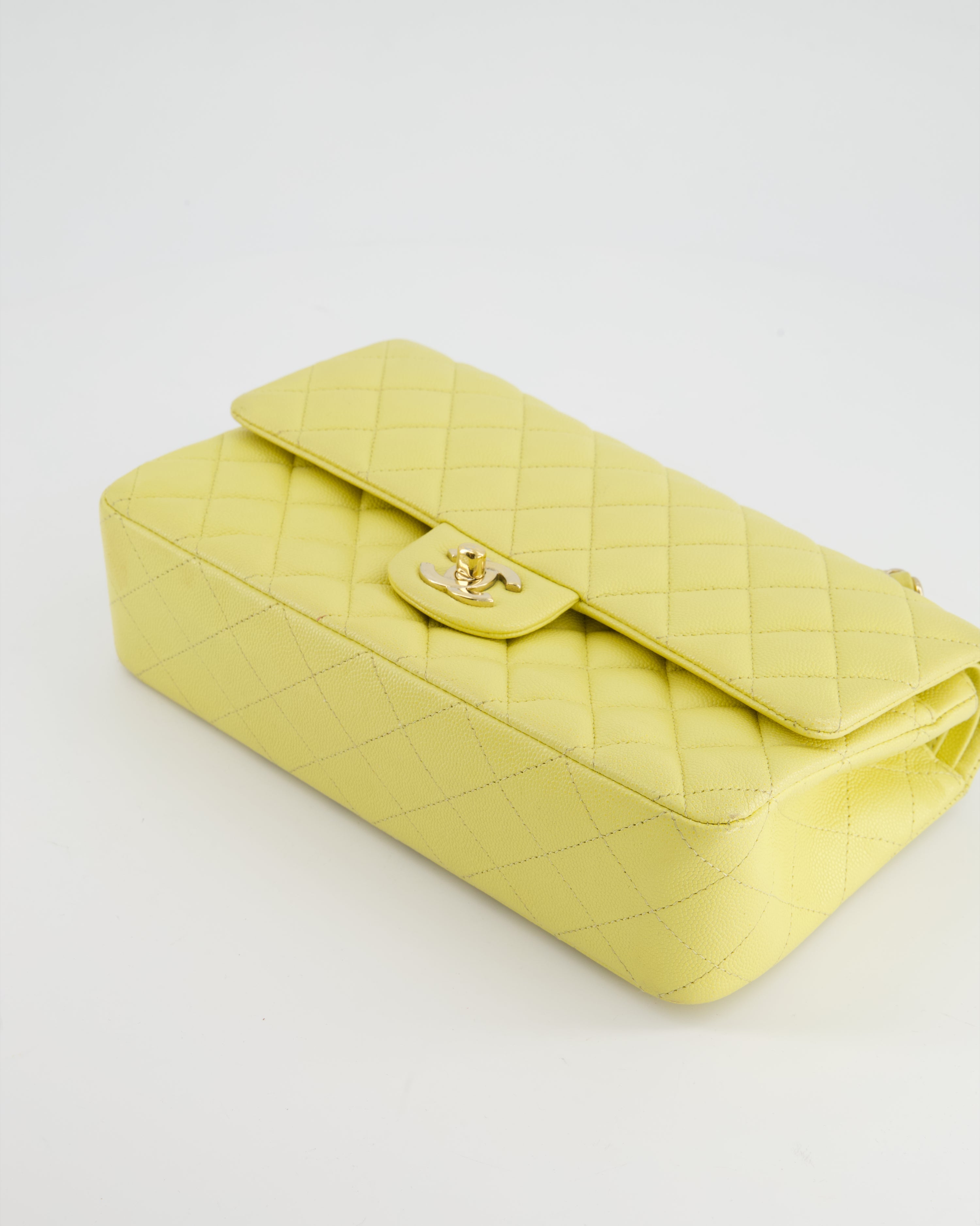 Chanel Sorbet Yellow Medium Classic Double Flap Bag in Caviar Leather with Champagne Gold Hardware
