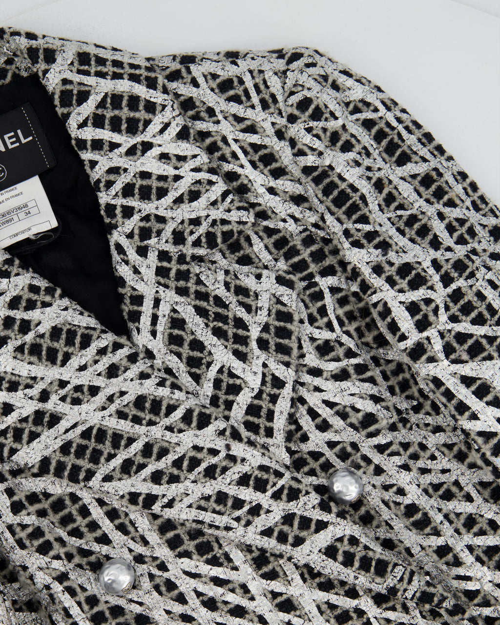 Chanel Spring 2012 Black & White Checked Tweed Backless Jacket with Silver Screen Print and Pearl Belt at the Back Size FR 34 (UK 4)