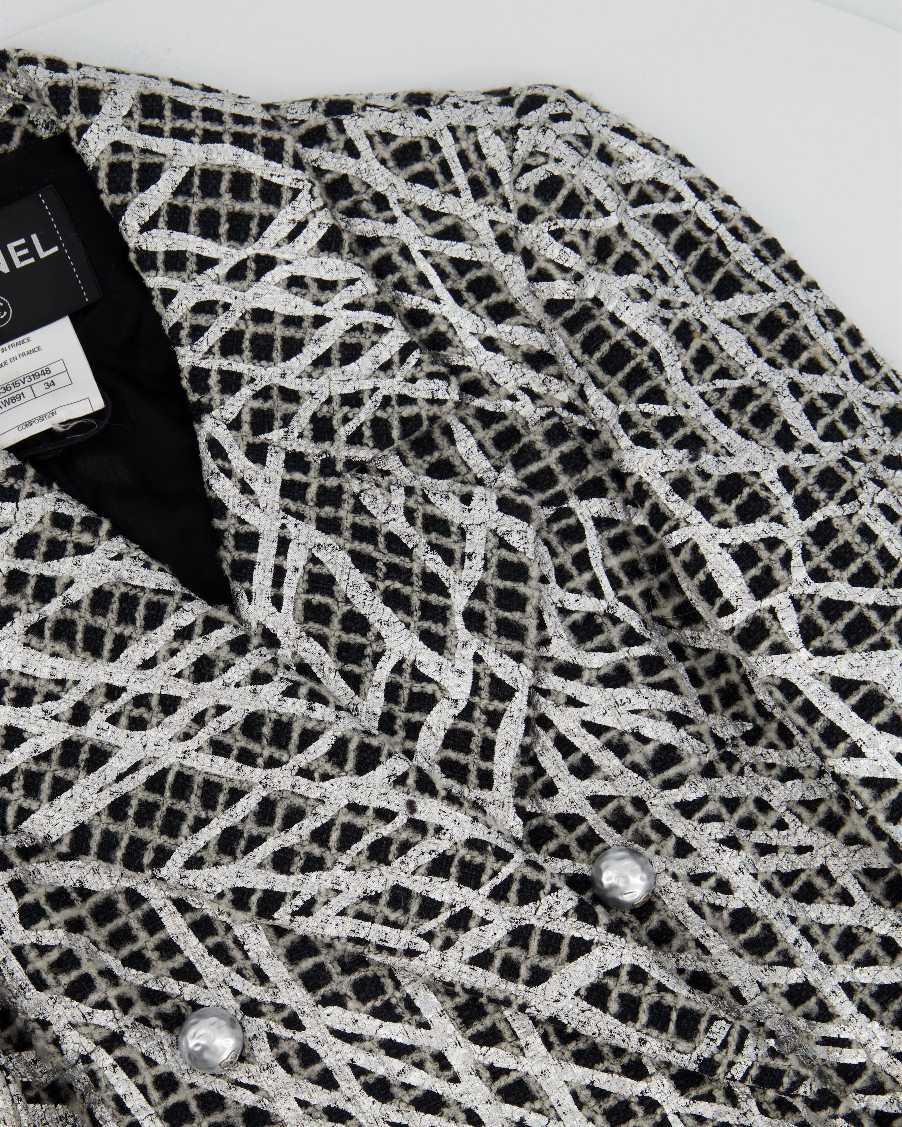 Chanel Spring 2012 Black & White Checked Tweed Backless Jacket with Silver Screen Print and Pearl Belt at the Back Size FR 34 (UK 4)