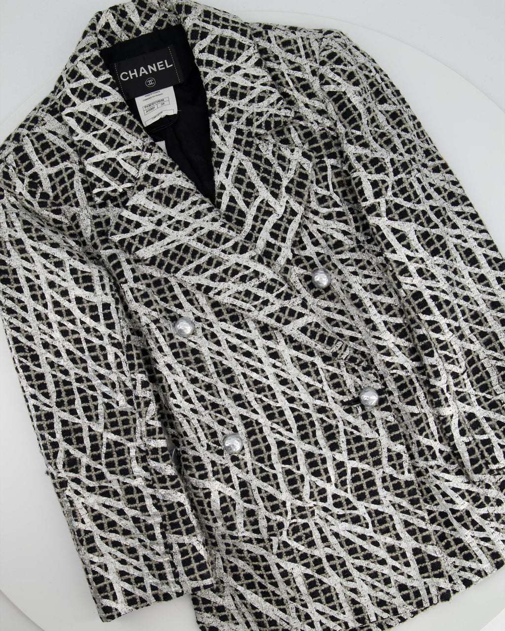 Chanel Spring 2012 Black & White Checked Tweed Backless Jacket with Silver Screen Print and Pearl Belt at the Back Size FR 34 (UK 4)
