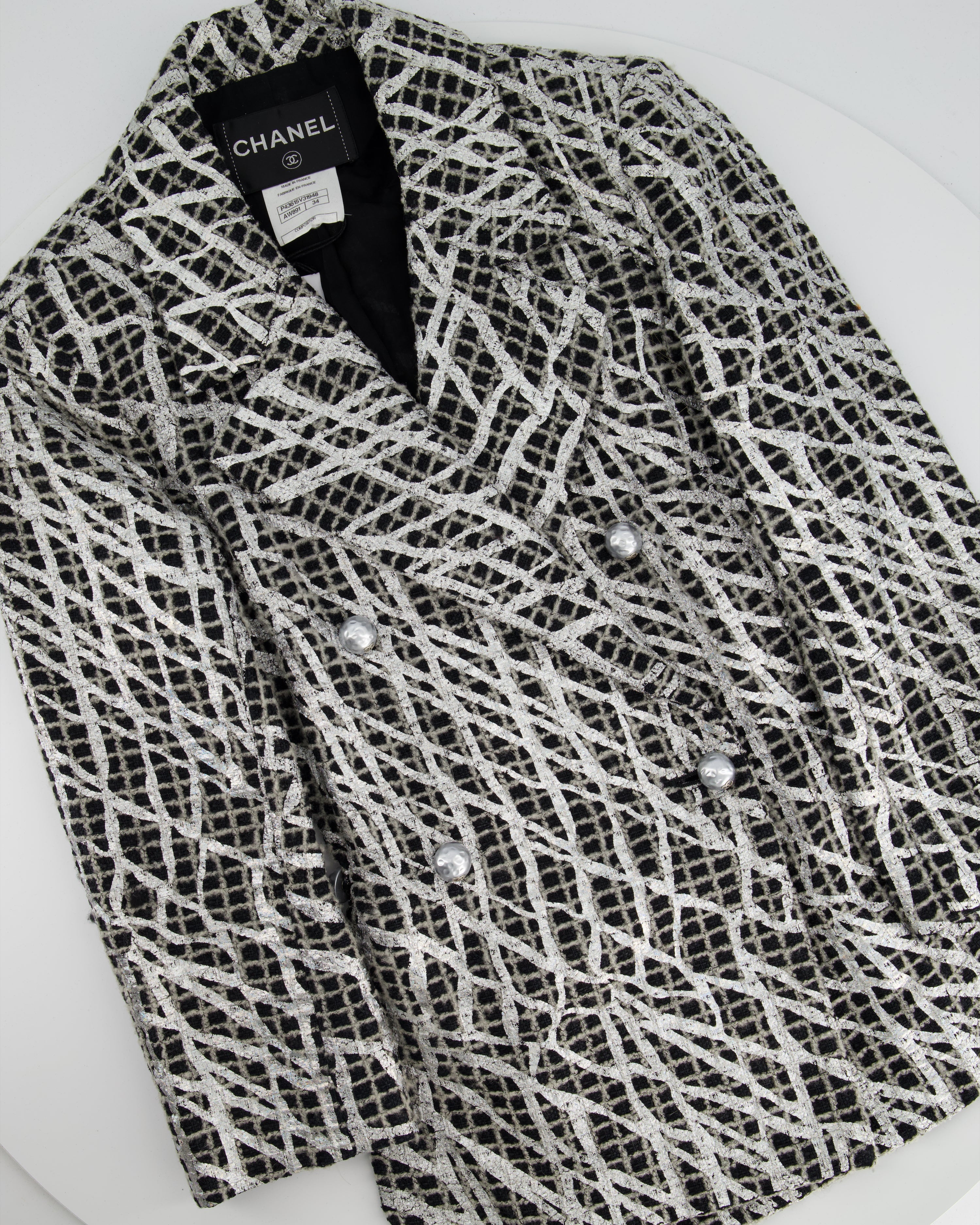 Chanel Spring 2012 Black & White Checked Tweed Backless Jacket with Silver Screen Print and Pearl Belt at the Back Size FR 34 (UK 4)